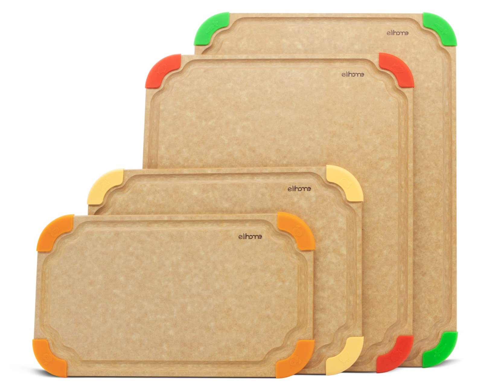 Elihome 4-in-1 Non-Slip Kitchen Cutting Board Set with Juice Grooves | Natural Wood Fiber, Dishwasher Safe, BPA Free | Color Coded with Food Icons & Non-Slip Feet | Eco-Friendly, Non-Porous, Made in USA | Perfect for Meal Prep, Chopping Vegetables, and Serving Charcuterie