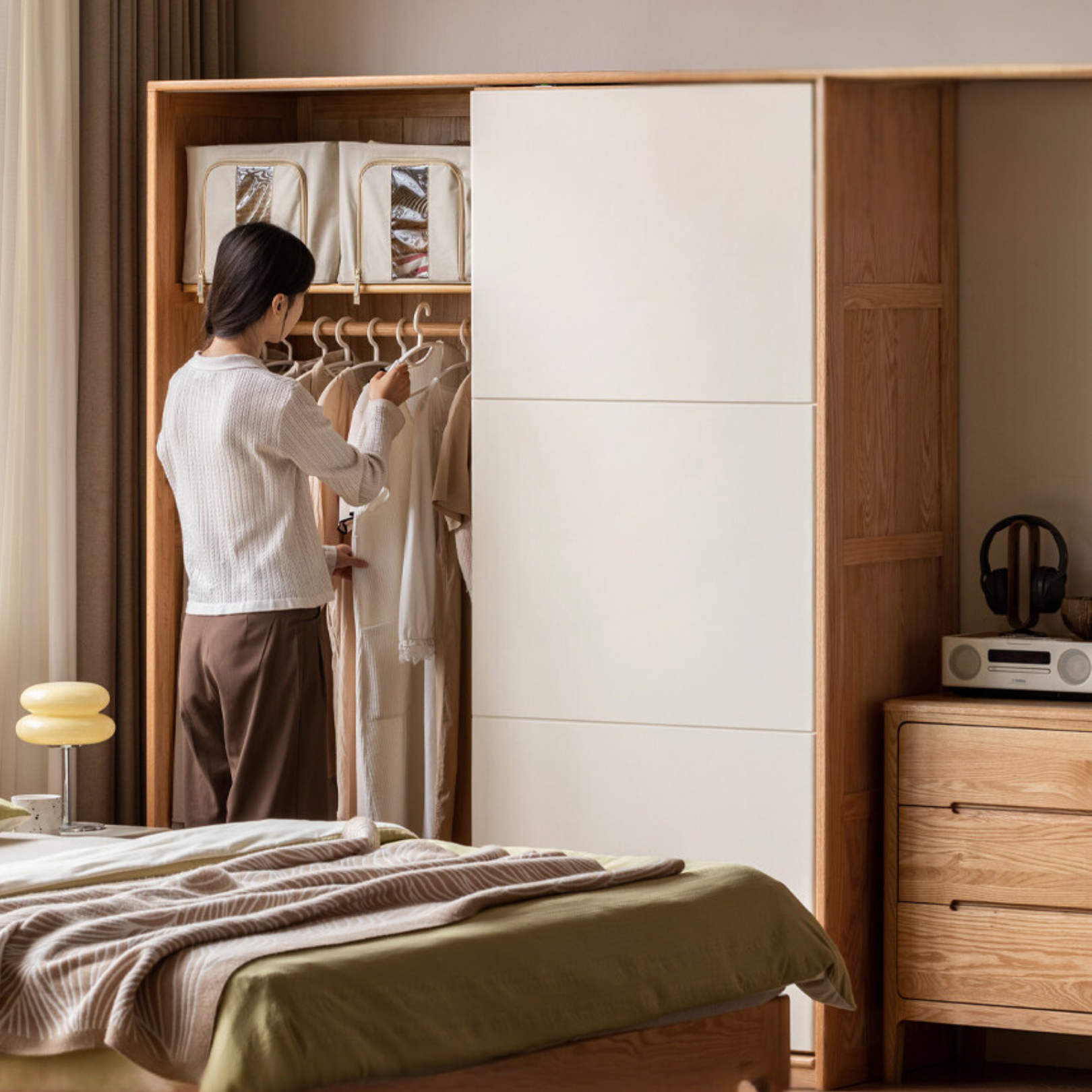 Solid Oak Wood Sliding Door Wardrobe Closet - Modern Storage Solution for Bedroom, Living Room & Office Organization