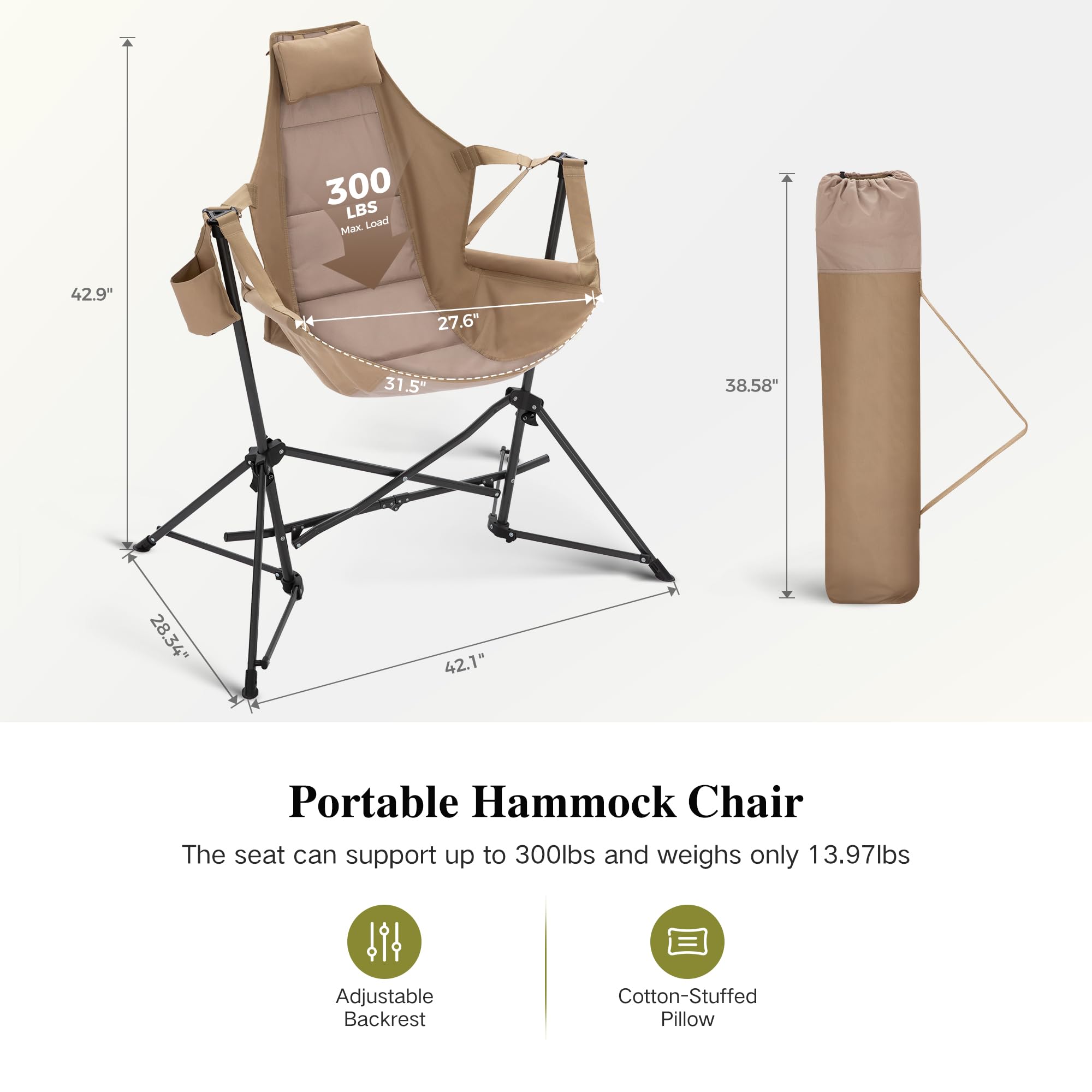 Portable Hammock Camping Chair with Adjustable Back - Heavy Duty Folding Outdoor Rocking Chair for Adults - Includes Cup Holder & High Back Support - Perfect for Backyard, Beach, Camping & Patio Relaxation (Beige)