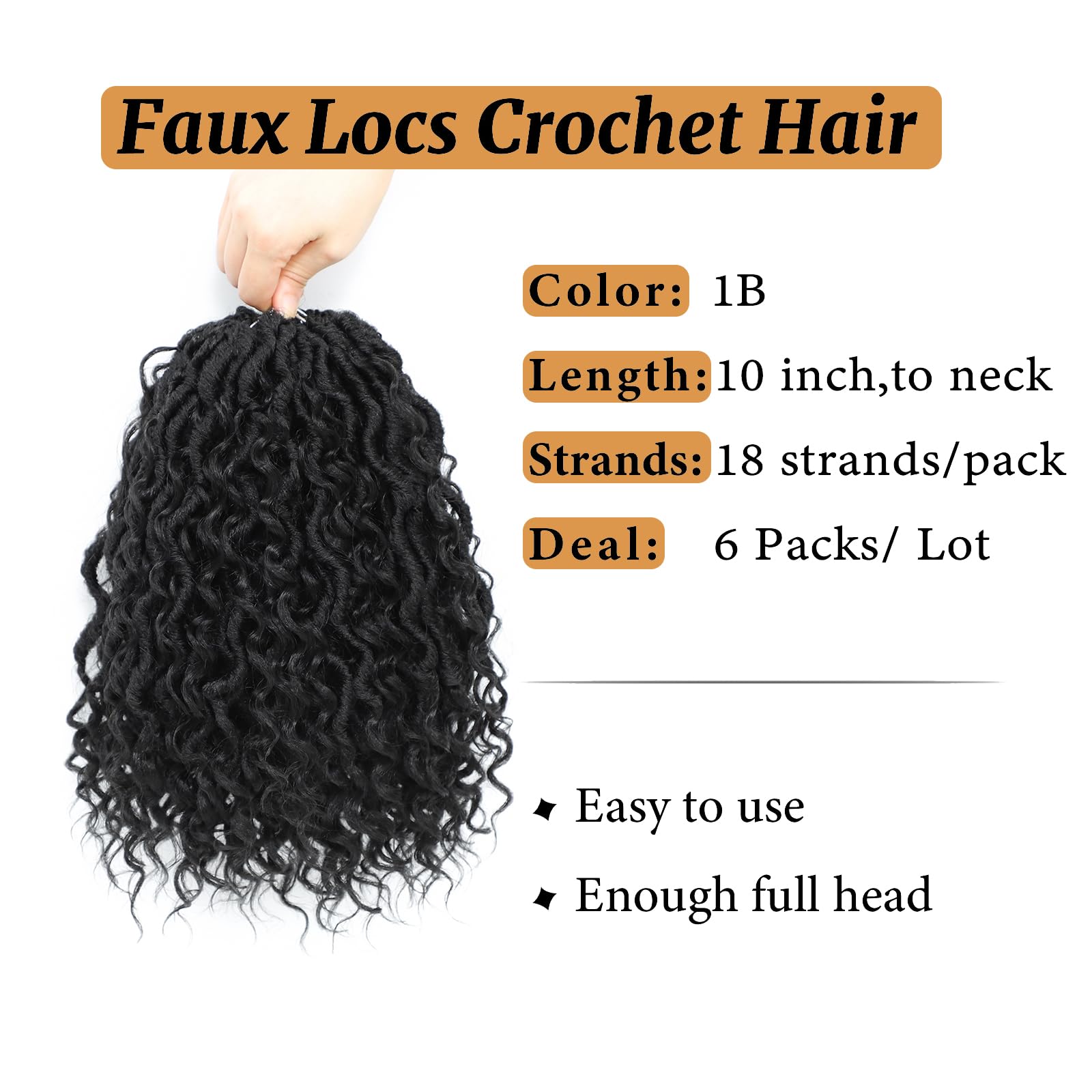 10 Inch Goddess Locs Crochet Hair - 6 Pack Pre-Looped Faux Locs for Black Women | Boho Style with Curly Ends (Color 1B) | Perfect for Protective Styling, Natural Hair Care & Everyday Wear