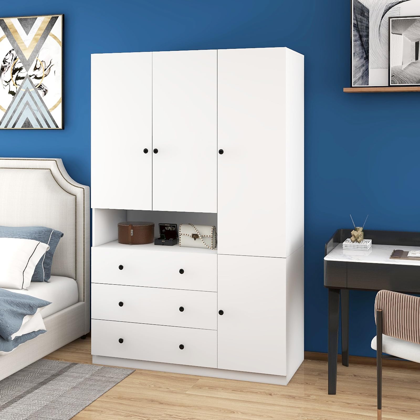 White Large Capacity Wooden Armoire Wardrobe with 3 Doors, 3 Drawers, Hanging Rods & Shelves - Tall Clothes Storage Cabinet for Bedroom, Closet Organization & Home Decor