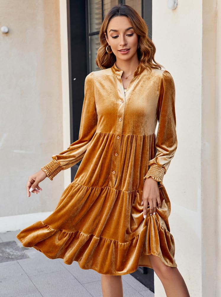 Kedera Women's Elegant Velvet V-Neck Tiered Babydoll A-Line Flowy Dress for Wedding, Bridesmaid, Party & Formal Occasions | Plus Size Options Available