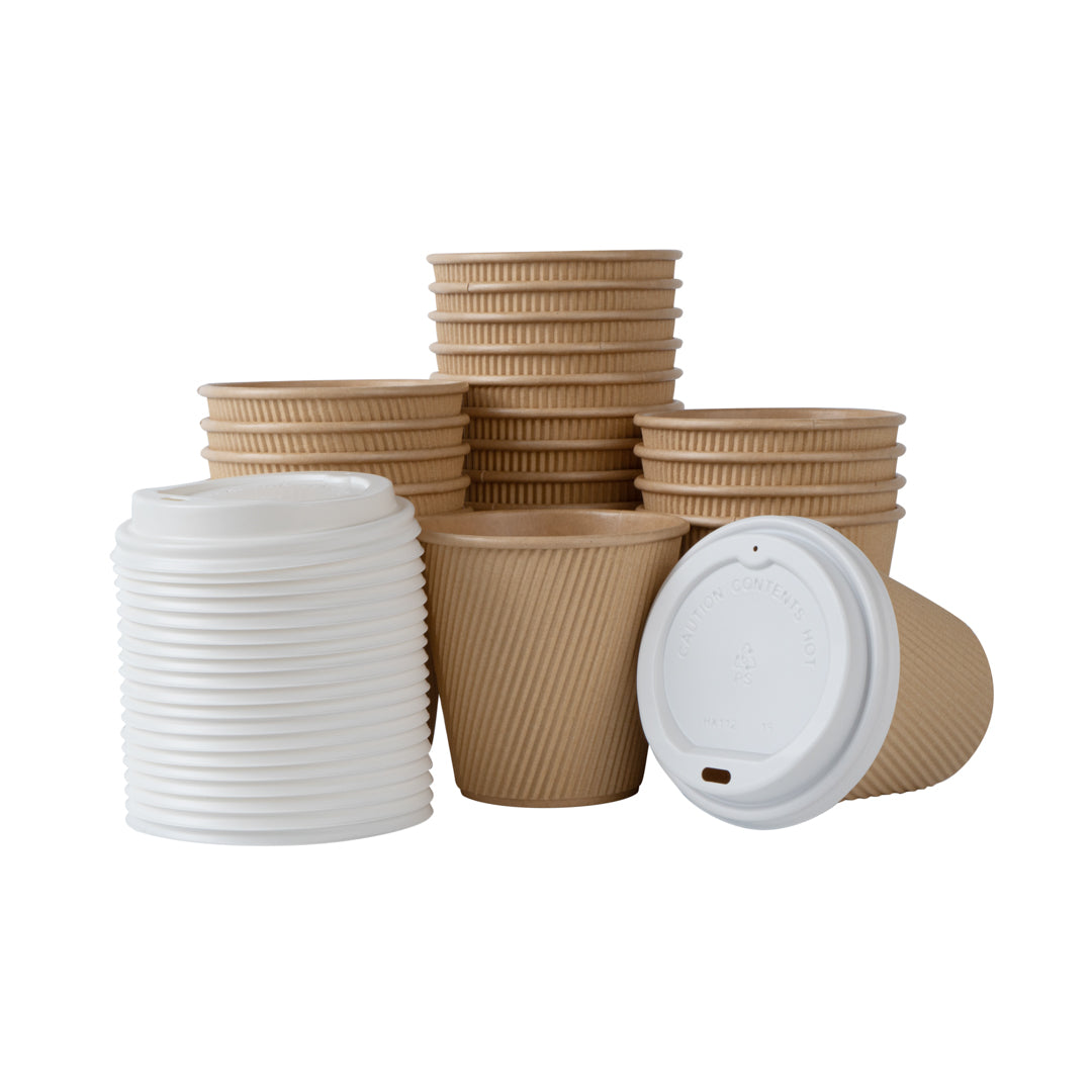 8 oz Eco-Friendly Kraft Paper Coffee Cups with White Lids - 3.5