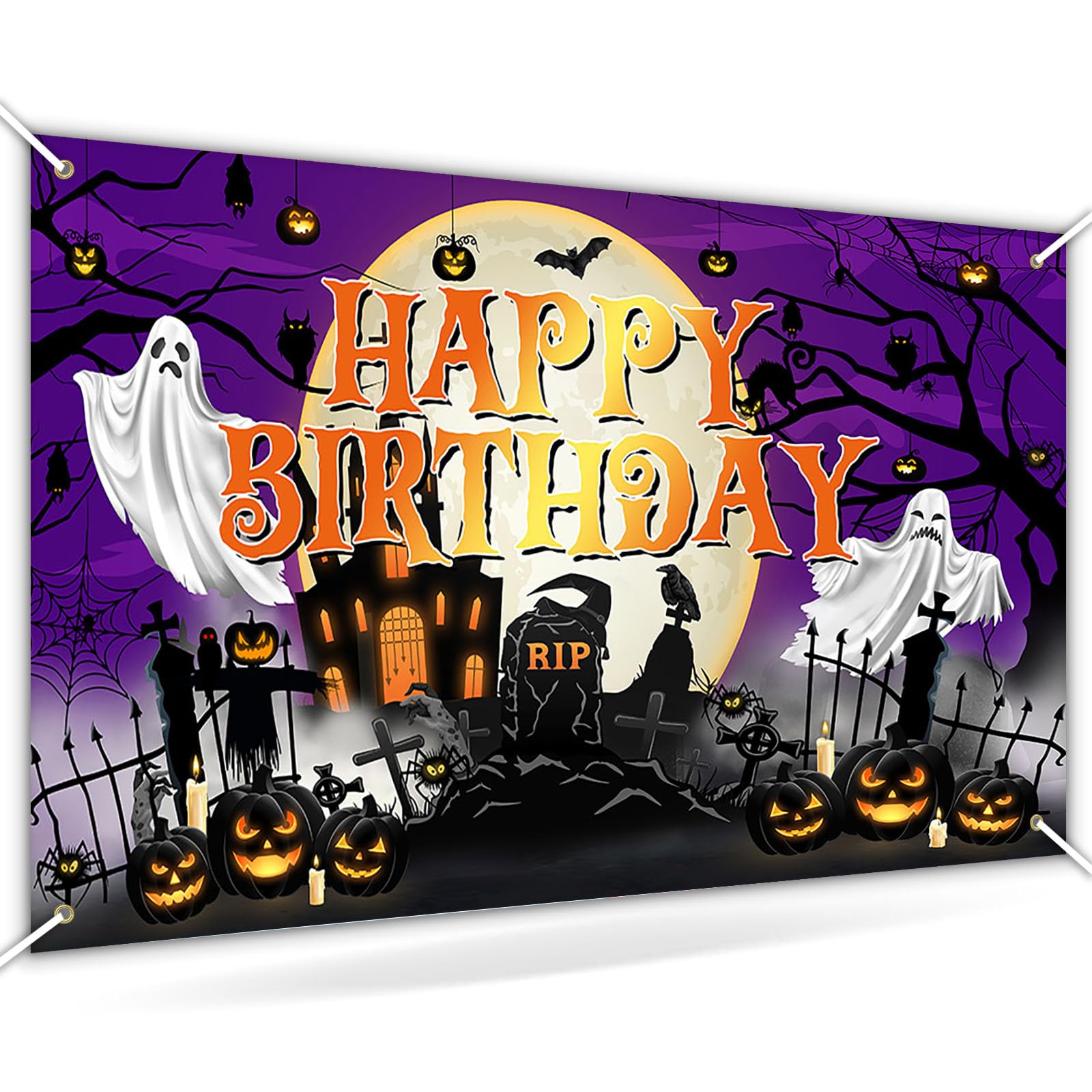 Avezano Halloween Birthday Banner - Purple Horror Moon Night Decor for Kids Parties
