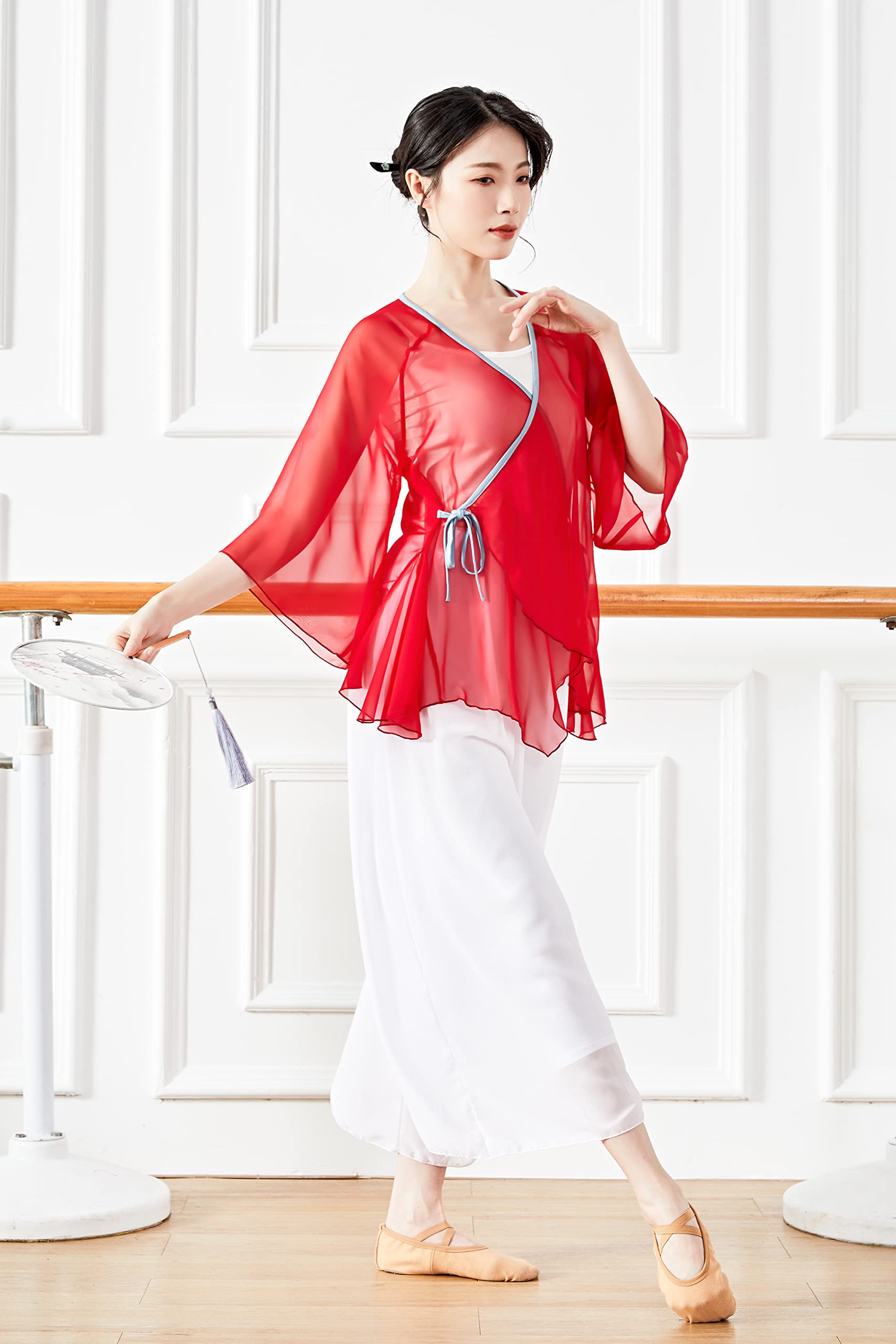 Angcoco Women's Chinese Style Asymmetrical Hem Sheer Cardigan Top - Elegant Dancewear & Casual Layering for Performances, Parties, and Everyday Wear