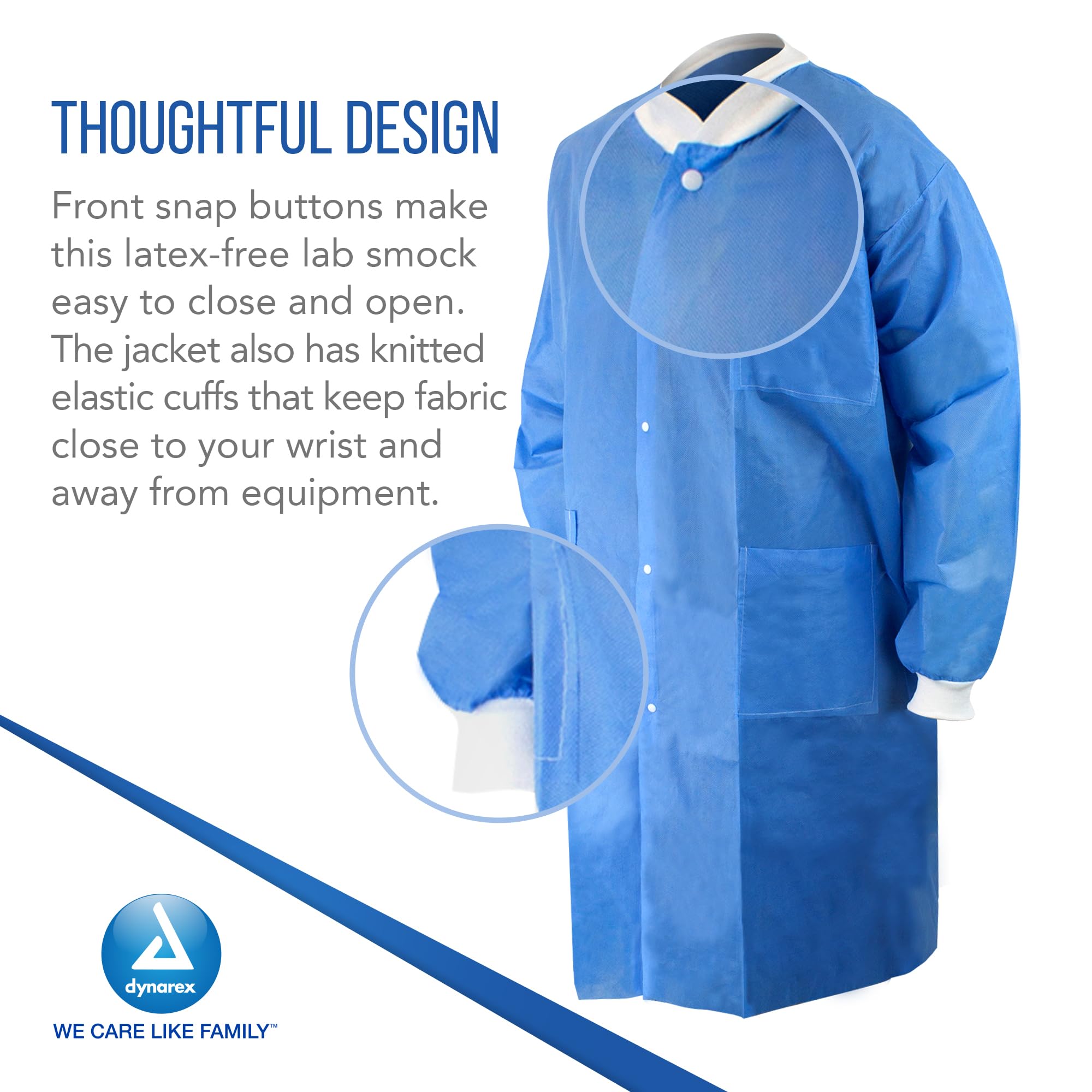 Dynarex Disposable Lab Coats - Breathable 3-Layer Non-Woven Polypropylene Fabric - Knee-Length with Elastic Cuffs - Blue, Small (Pack of 30) - Ideal for Medical Labs, Hospitals & Cleanroom Environments