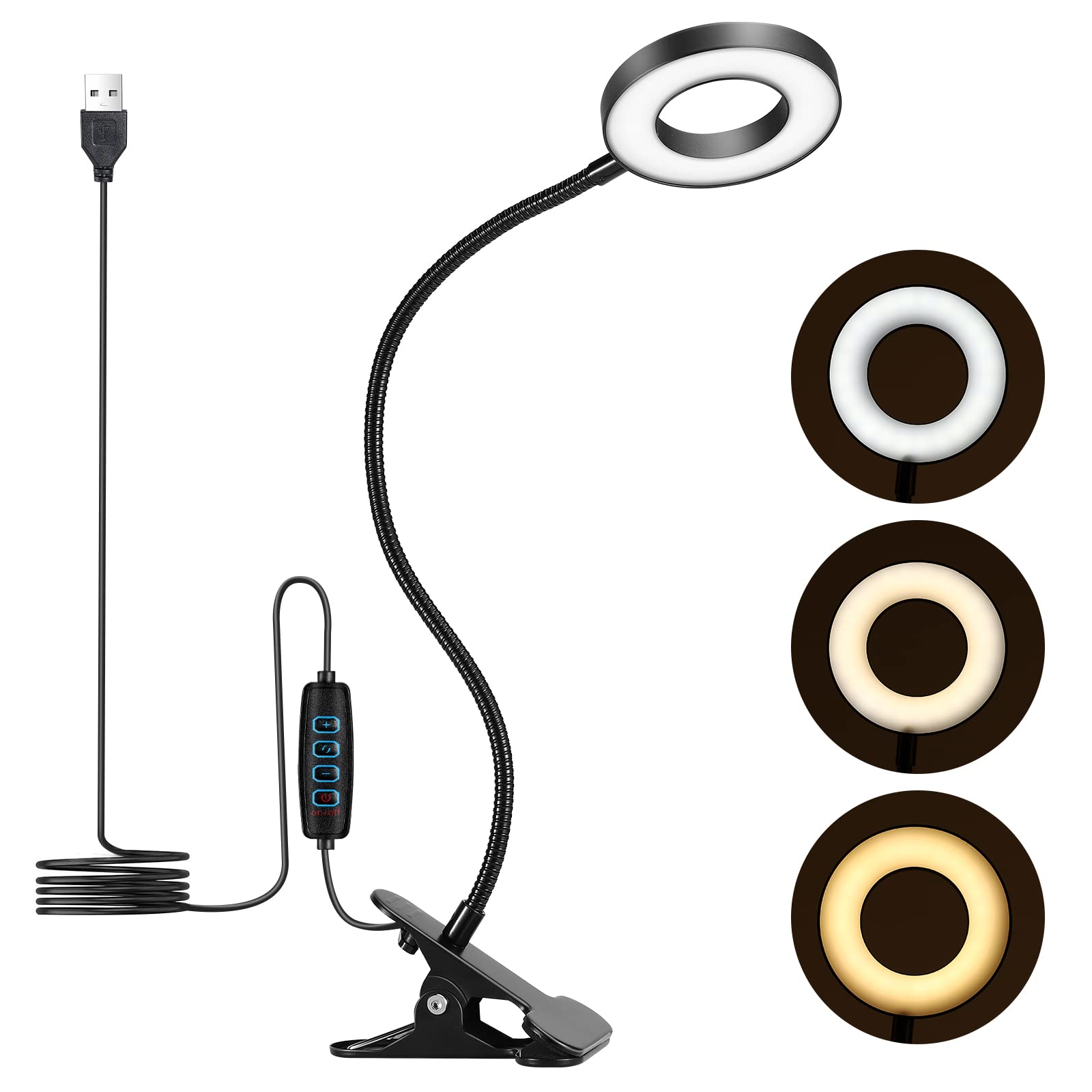 UNIFUN Clip On Reading Light with 3 Colors & 10 Dimmable Brightness Levels, 48 LED Flexible USB Clamp Bedside Lamp - Eye Caring Clip LED Desk Lamp for Studying, Working, Reading, Gaming - Perfect for Night Reading, Office Work, and Dorm Room Lighting (Black)