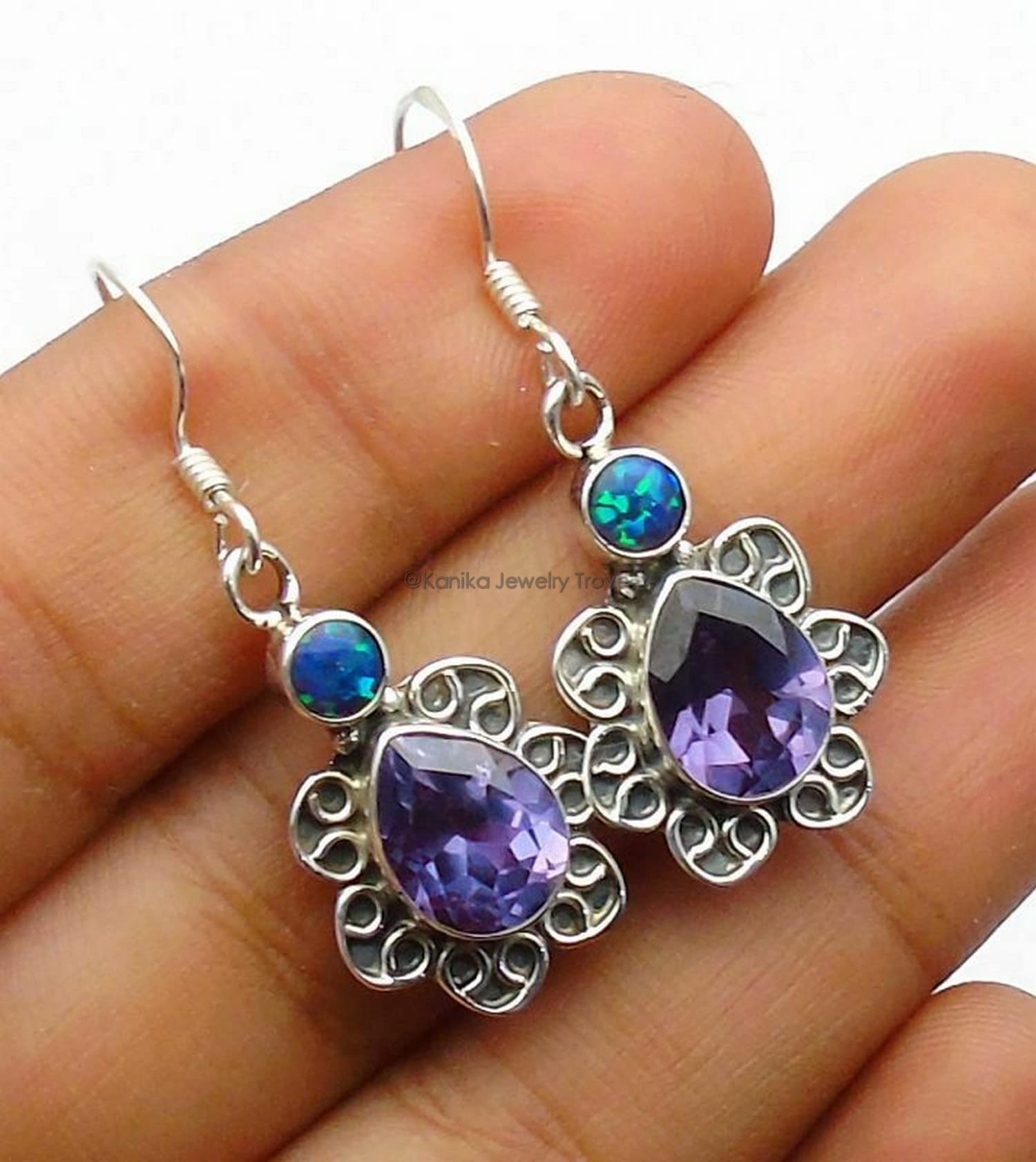 Amethyst & Opal Gemstone Sterling Silver Floral Drop Earrings for Women - Bezel Set Dangle Earrings | Perfect Bridesmaid Jewelry, Christmas Gift & Everyday Elegance