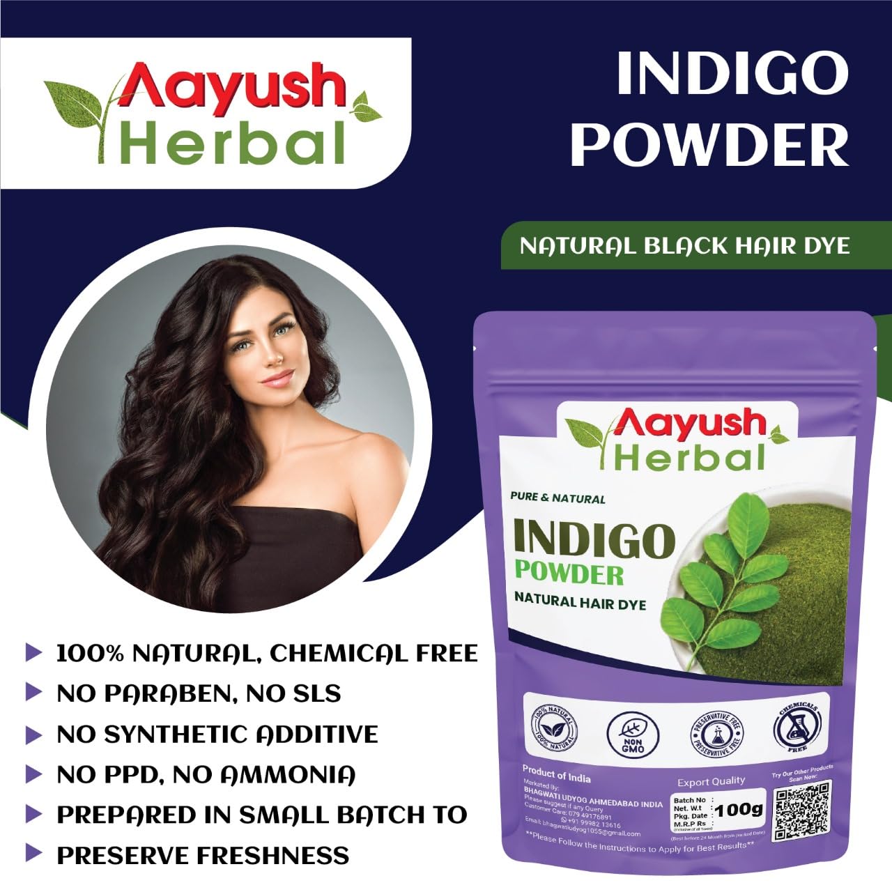 Oree Aayush 100% Natural Herbal Indigo Powder for Hair - Chemical-Free Black Hair Dye (100g) | Safe Gray Coverage & Hair Coloring for Men & Women | DIY Home Hair Treatment