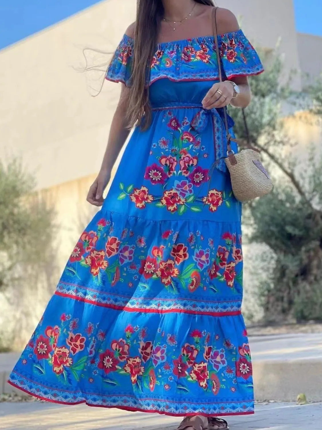 Floral Off Shoulder Ruffle Maxi Dress for Women - Summer Beach Vacation, Resort Wear & Boho Party Outfit