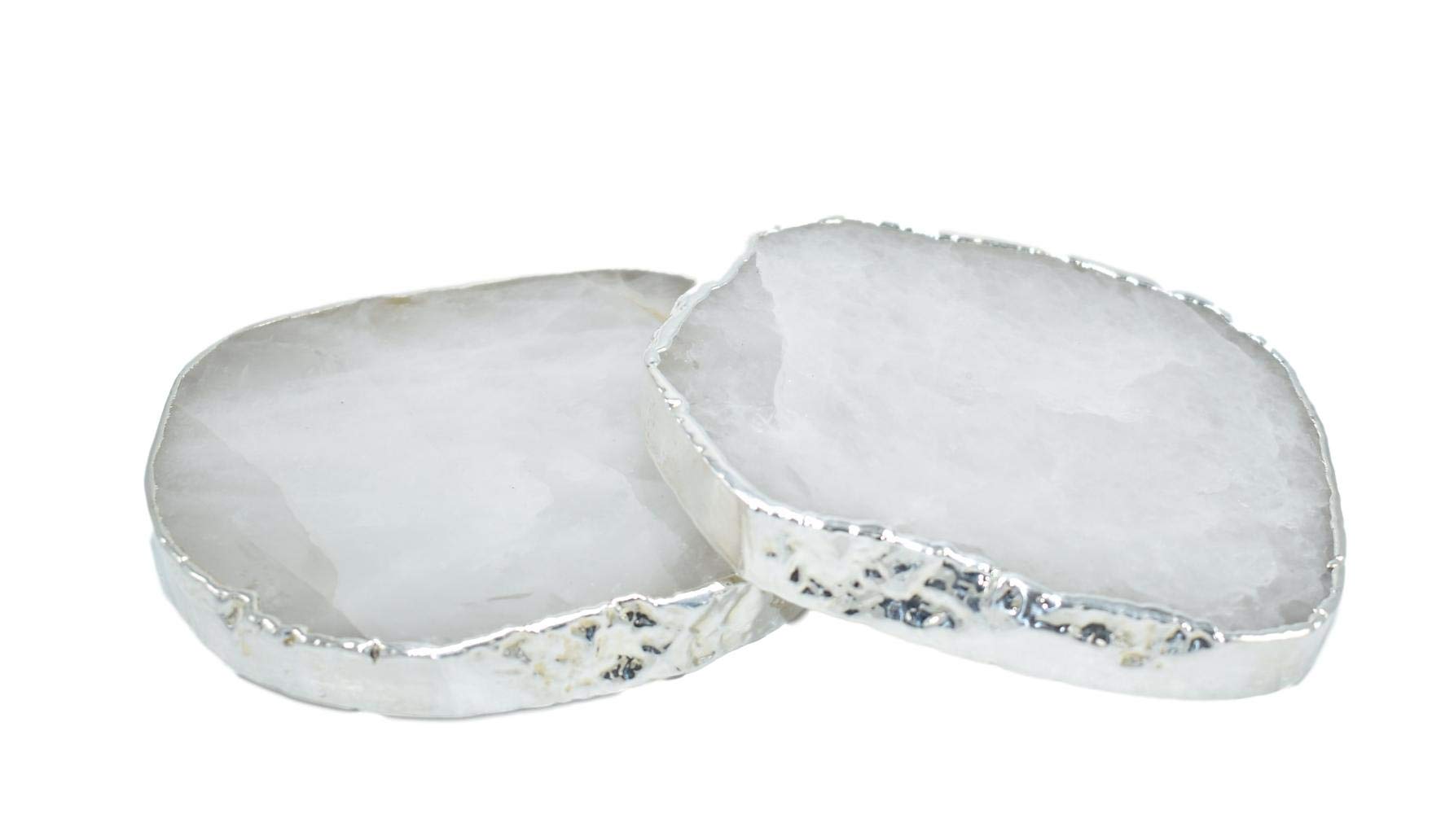 Luxury Cloudy Quartz Coasters with Silver Trim - Set of 2 Non-Slip Stone Coasters - Natural Quartz Home Decor - Perfect for Coffee Tables, Dining Tables, and Housewarming Gifts