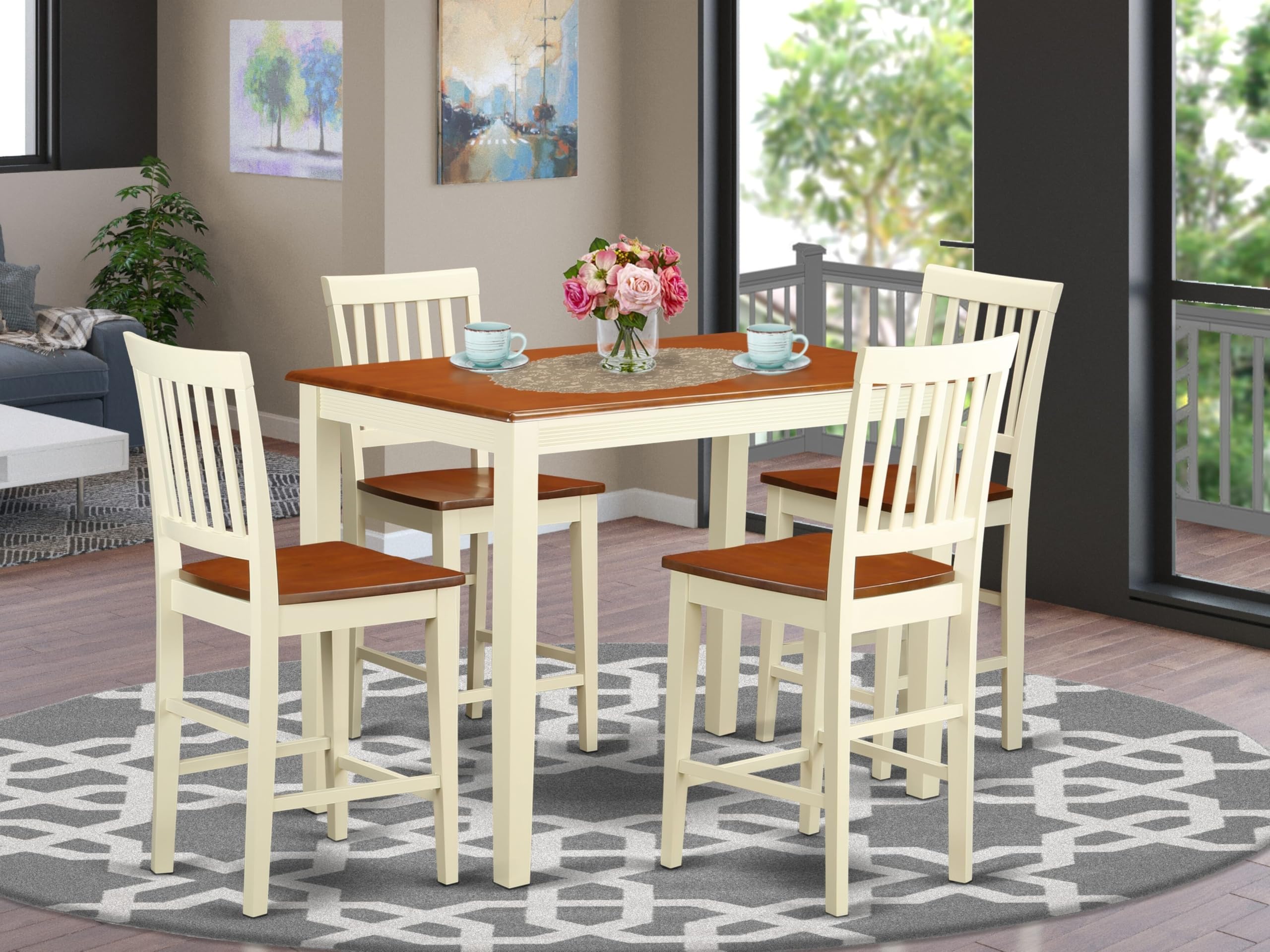 East West Furniture YAVN5-WHI-W 5-Piece Kitchen Counter Set - 30x48 Inch Rectangle Dining Table & 4 Chairs, Buttermilk & Cherry Finish - Perfect for Small Spaces, Breakfast Nooks & Cozy Dining Areas