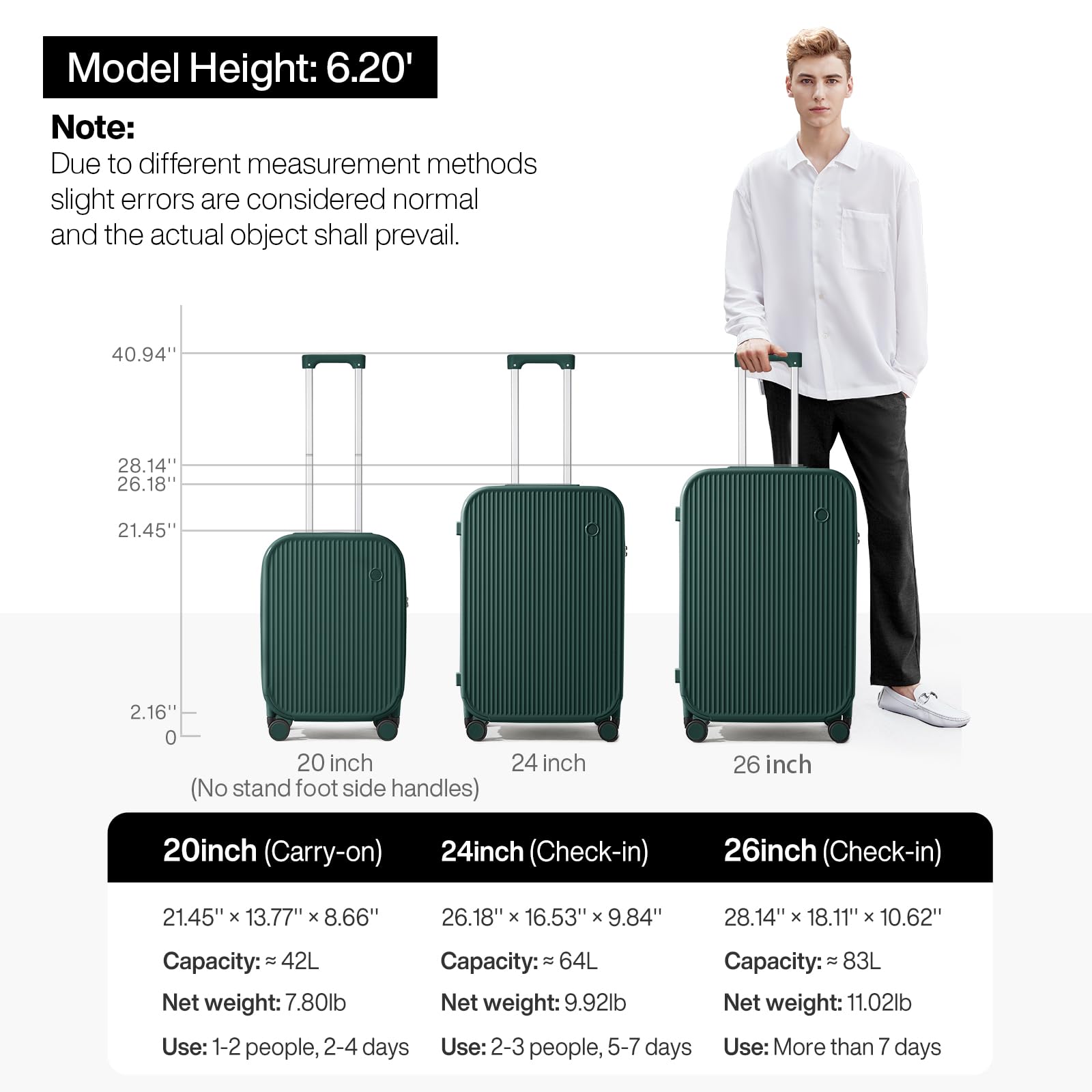 20 Inch Mixi Hard Shell Spinner Carry On Luggage with Cup & Phone Holder - Blackish Green Rolling Travel Suitcase for Business Trips & Weekend Getaways