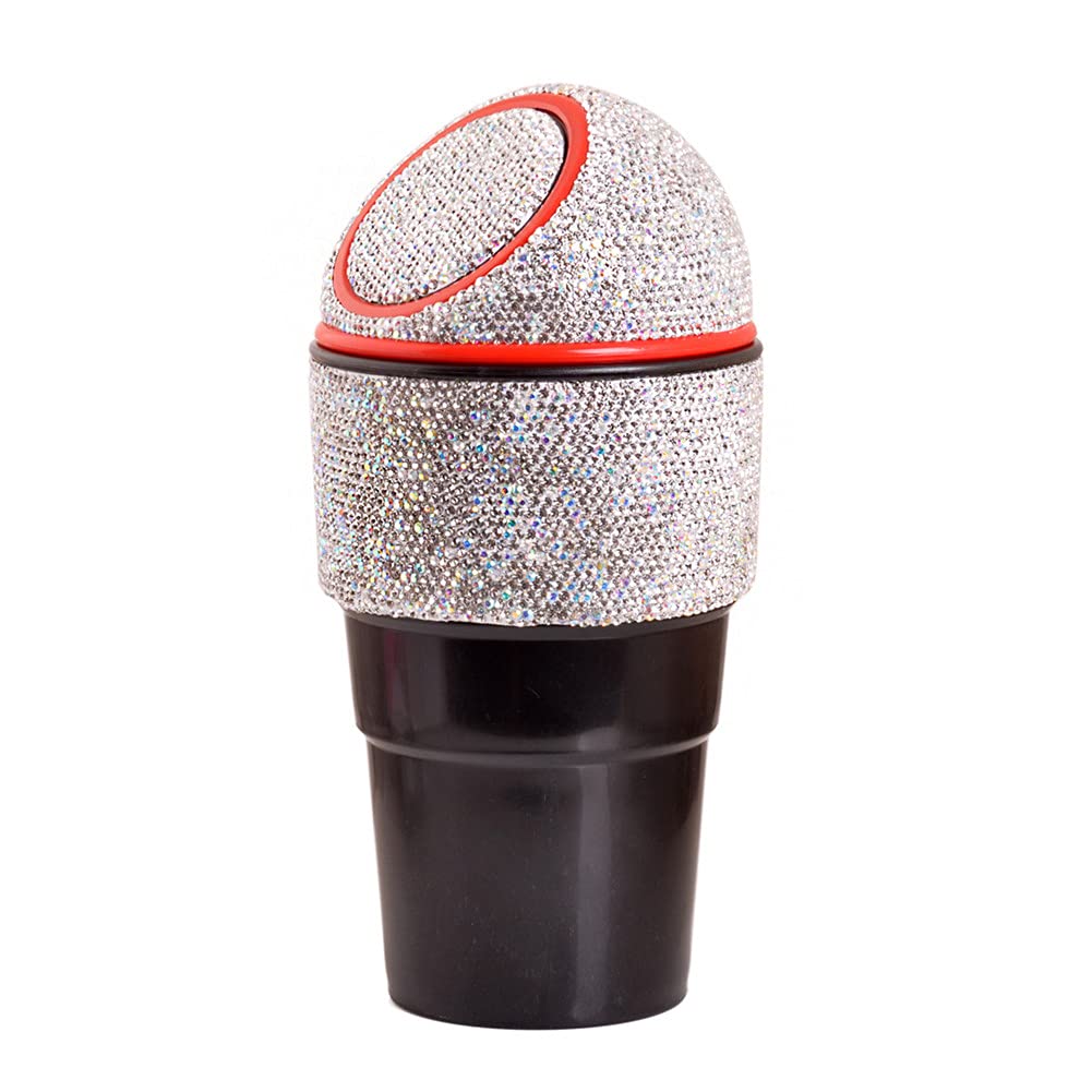Sparkling Rhinestone Car Trash Can with Lid - Crystal Garbage Bin with Multifunctional Cup Holder for Car, Home, Office, Kitchen & Bedroom - White | Perfect for Road Trips, Daily Commute & Home Organization