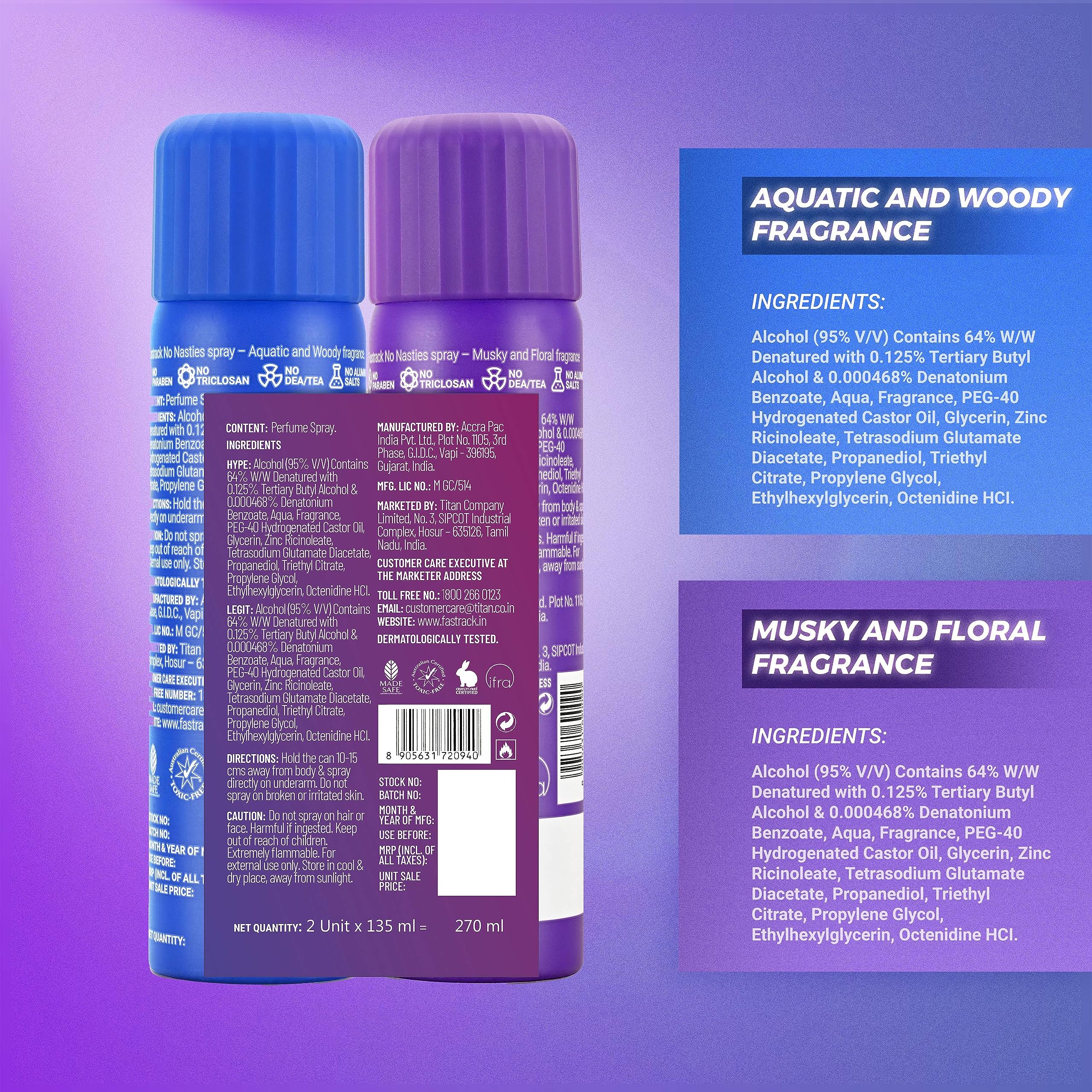 Fastrack Deodorant for Men - Floral Fragrance Perfume Spray, No Nasties, 2 Pack (135ml Each, Total 270ml) | Long-Lasting Freshness for Gym, Work & Daily Use