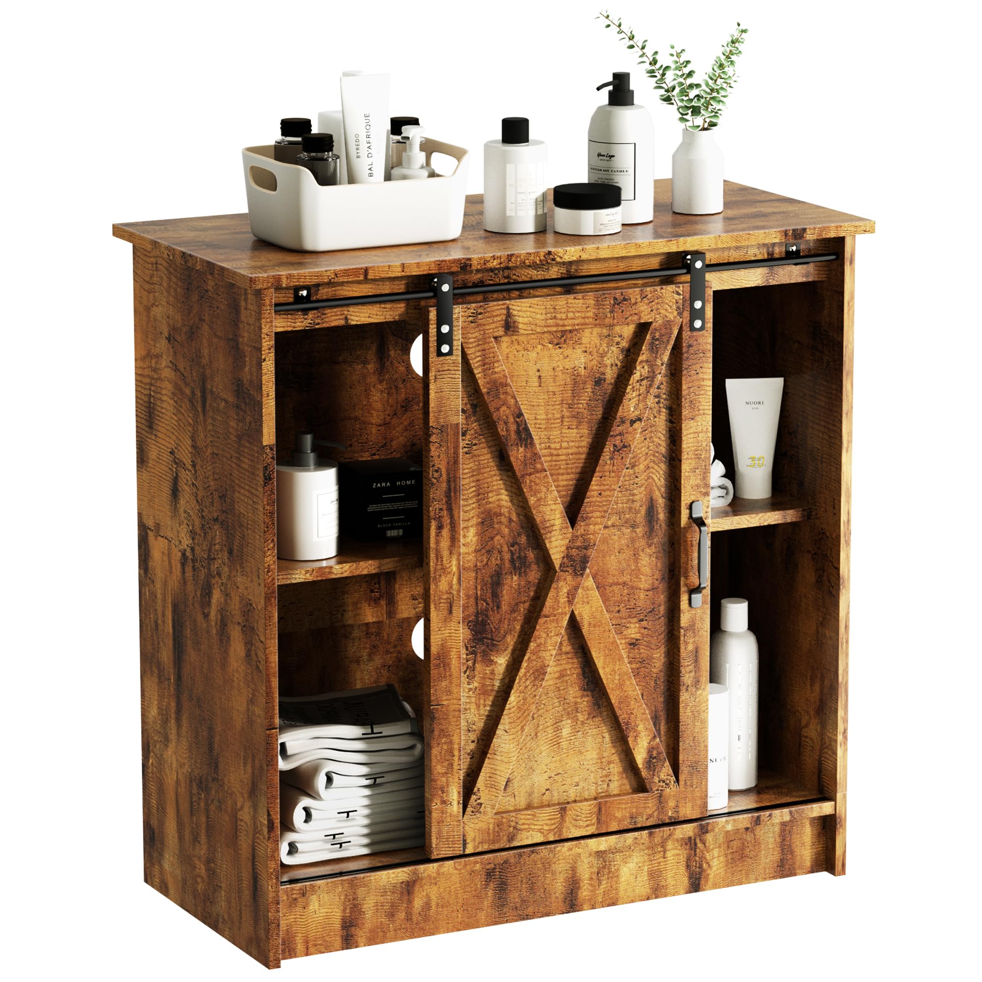 Rustic Brown Coffee Bar Cabinet with Storage - Farmhouse Style Coffee Bar Table with Sliding Barn Door & Adjustable Shelves - Perfect for Kitchen, Dining Room or Living Room Coffee Station Setup