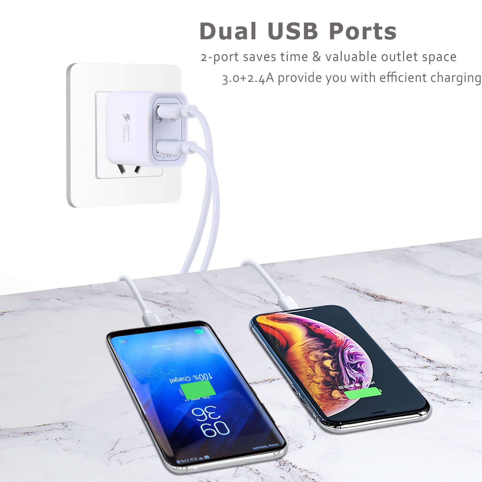 Pofesun 2-Pack QC3.0 Fast USB Wall Charger - Quick Charge 3.0 Power Adapter for iPhone 15/14/13/12 Pro Max, Galaxy S23/S22/Note 20 - Dual Port Charging Block (Black & White) - Perfect for Home, Office & Travel Charging