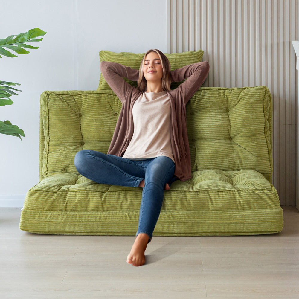 MAXYOYO Tufted Bean Bag Sofa Bed - Foldable Floor Couch with Pillows in Green | Comfortable Lounge Chair for Living Room, Bedroom & Game Room