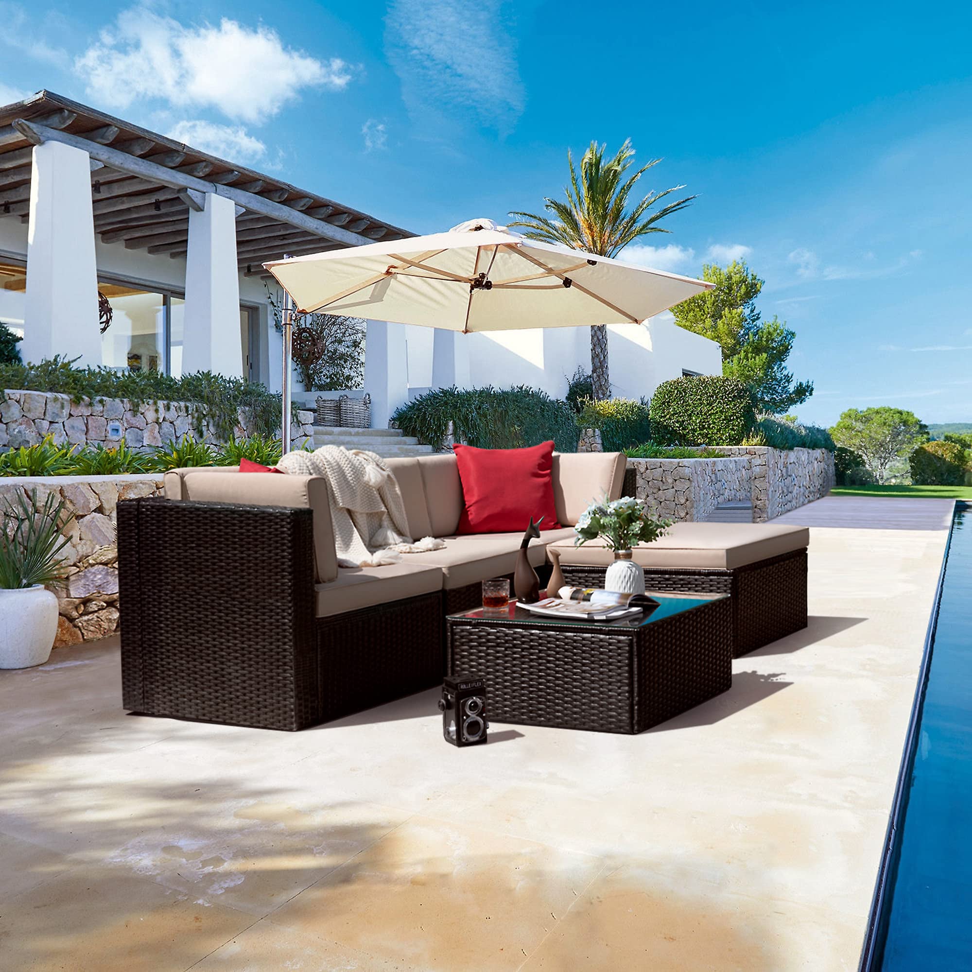 Rankok 5-Piece Outdoor Patio Furniture Set - PE Rattan Wicker Sectional Sofa with Cushions, Beige - Perfect for Garden, Lawn, Backyard & Poolside Relaxation