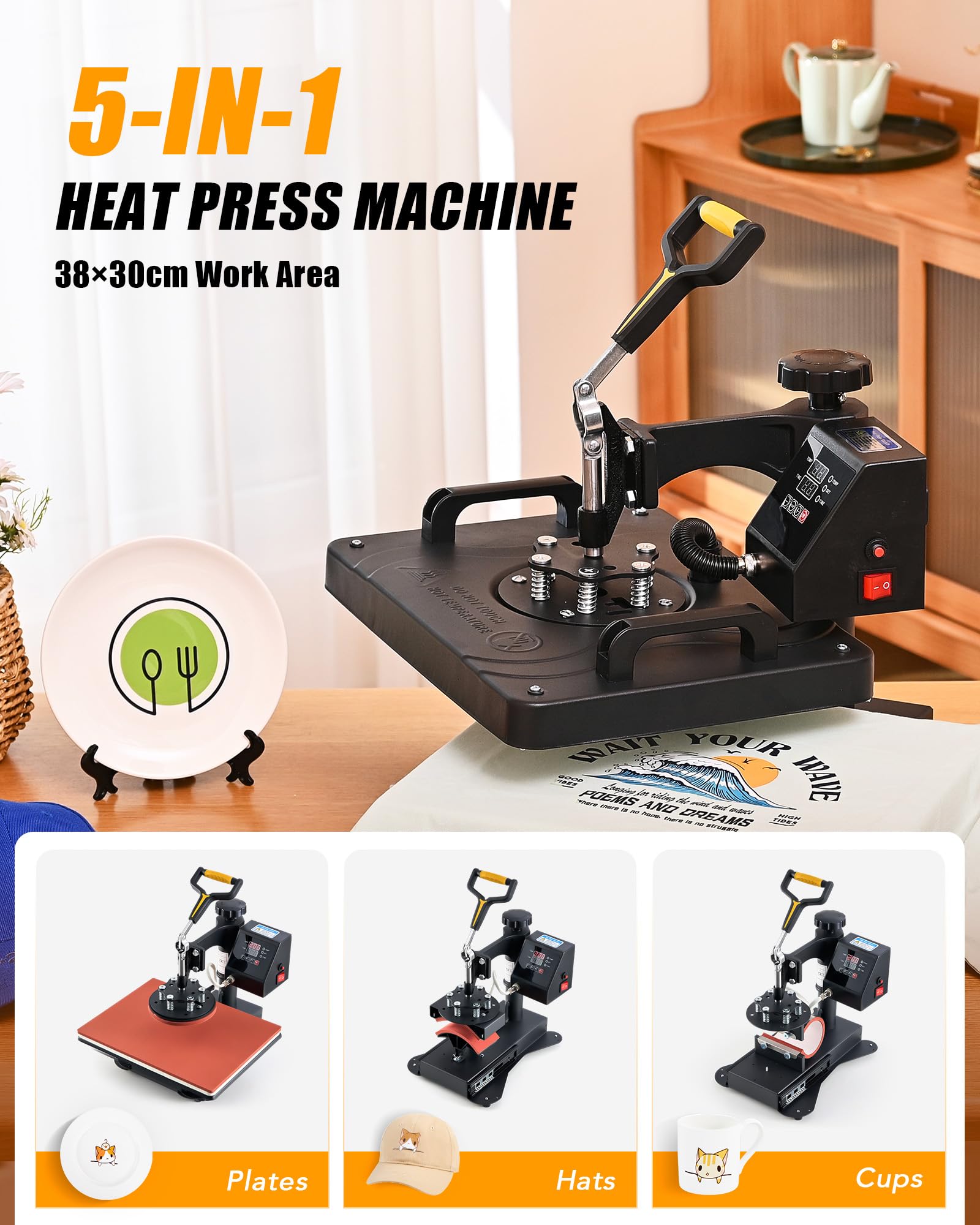 CREWORKS 30x38cm (12x15 Inch) 5-in-1 Professional Swing Away Heat Press Machine for T-Shirts, Hats, Mugs, Masks, Plates & More - Perfect for Home DIY, Small Business & Charity Fundraising Projects