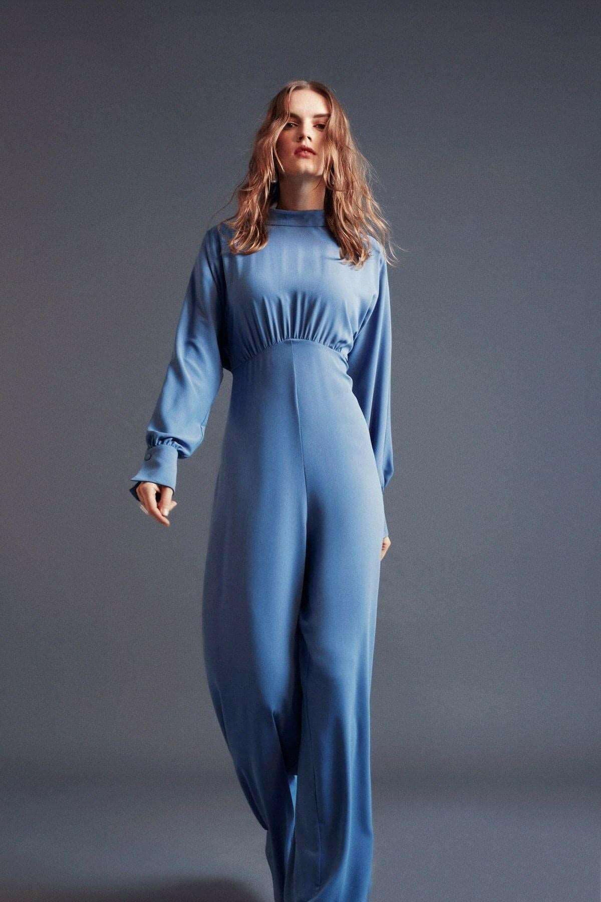 Elegant Draped Lisa Gathered High Waist Jumpsuit in Blue - Modest Romper for Women | Perfect for Casual Outings, Summer Parties & Beach Vacations