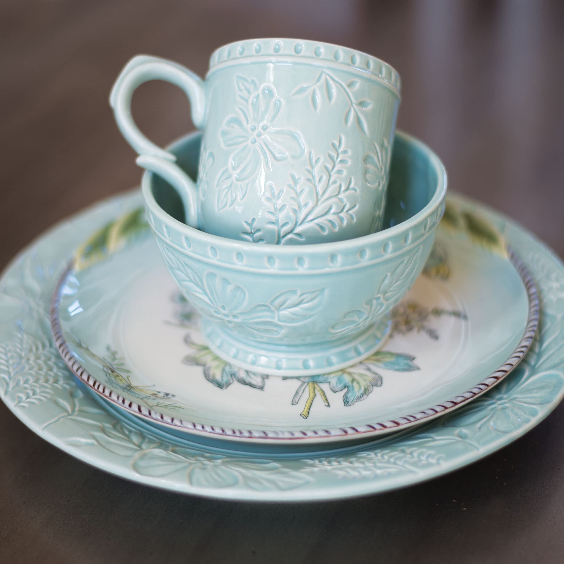 Fitz and Floyd English Garden 12 oz Blue Ceramic Coffee Mugs - Set of 4 Floral Tea Cups for Afternoon Tea, Gift Giving & Home Decor