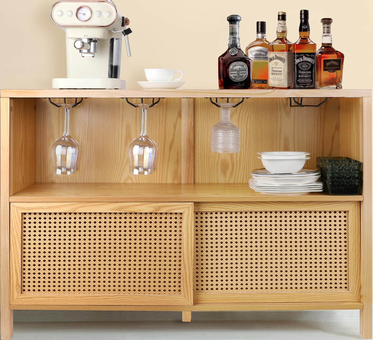 ZYBT Coffee Bar Cabinet with Storage - Modern Liquor Cabinet & Wine Bar for Home, Boho Rattan Bar Table with Glass Storage | Perfect for Kitchen, Living Room & Entertaining Guests