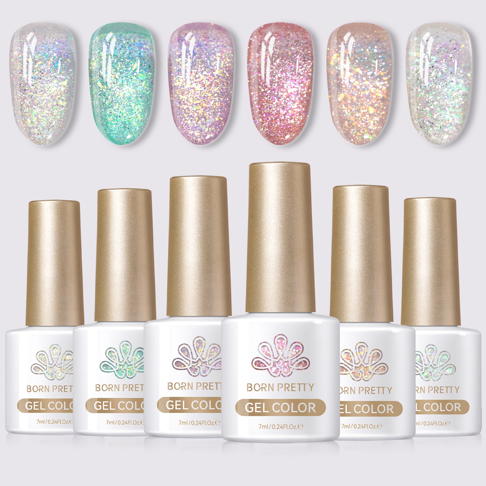 6 Colors Reflective Glitter Gel Nail Polish Set - T15 Crush Starlight 7ml for UV/LED Curing - Perfect for Manicures, Pedicures, Nail Art & Salon Use