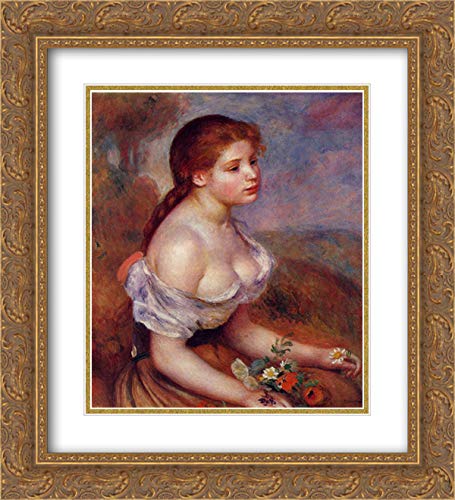 Pierre Auguste Renoir Young Girl With Daisies 20x22 Inch Gold Ornate Framed Art Print - Double Matted Museum Quality Wall Decor for Living Room, Bedroom & Office