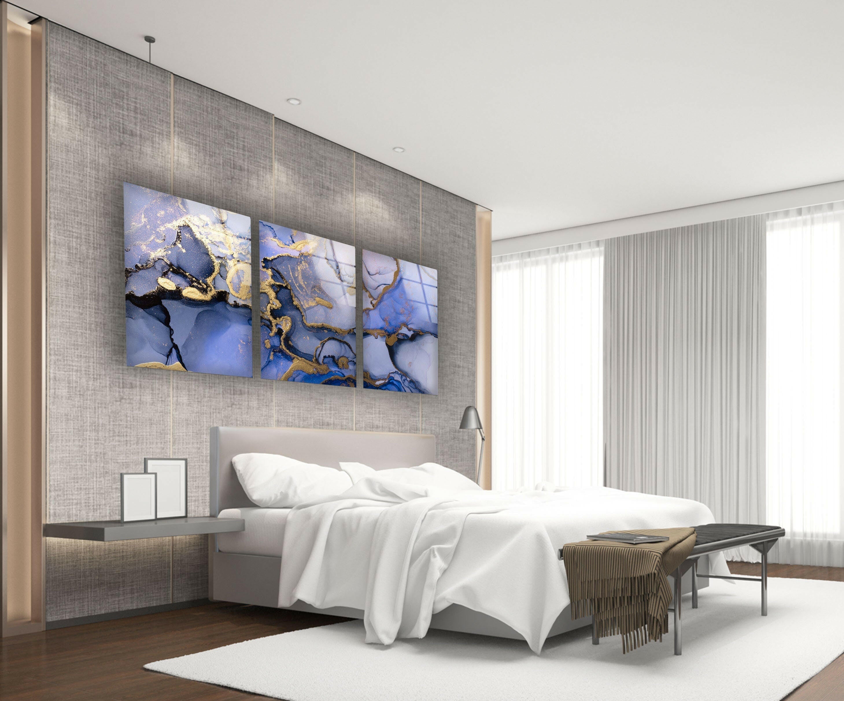 Blue & Gold Abstract Glass Wall Art - Modern Handmade Decor for Living Room, Bedroom & Office - Unique Home & Interior Design Gift Idea