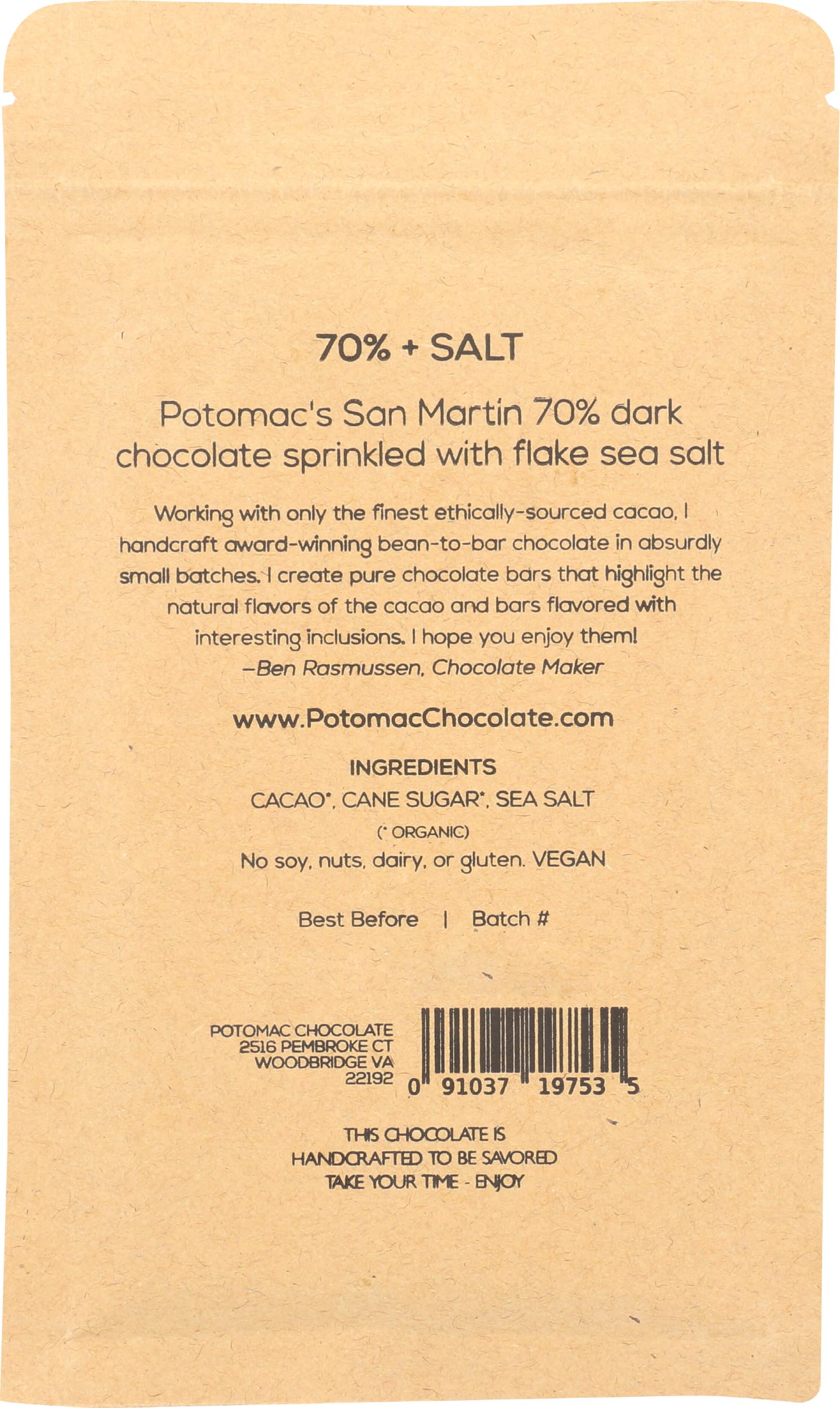 Premium Dark Chocolate Bar - 70% Cocoa with Sea Salt - 2.12oz (60g) - Rich & Smooth Gourmet Chocolate for Gifting, Baking & Desserts - POTOMAC CHOCOLATE