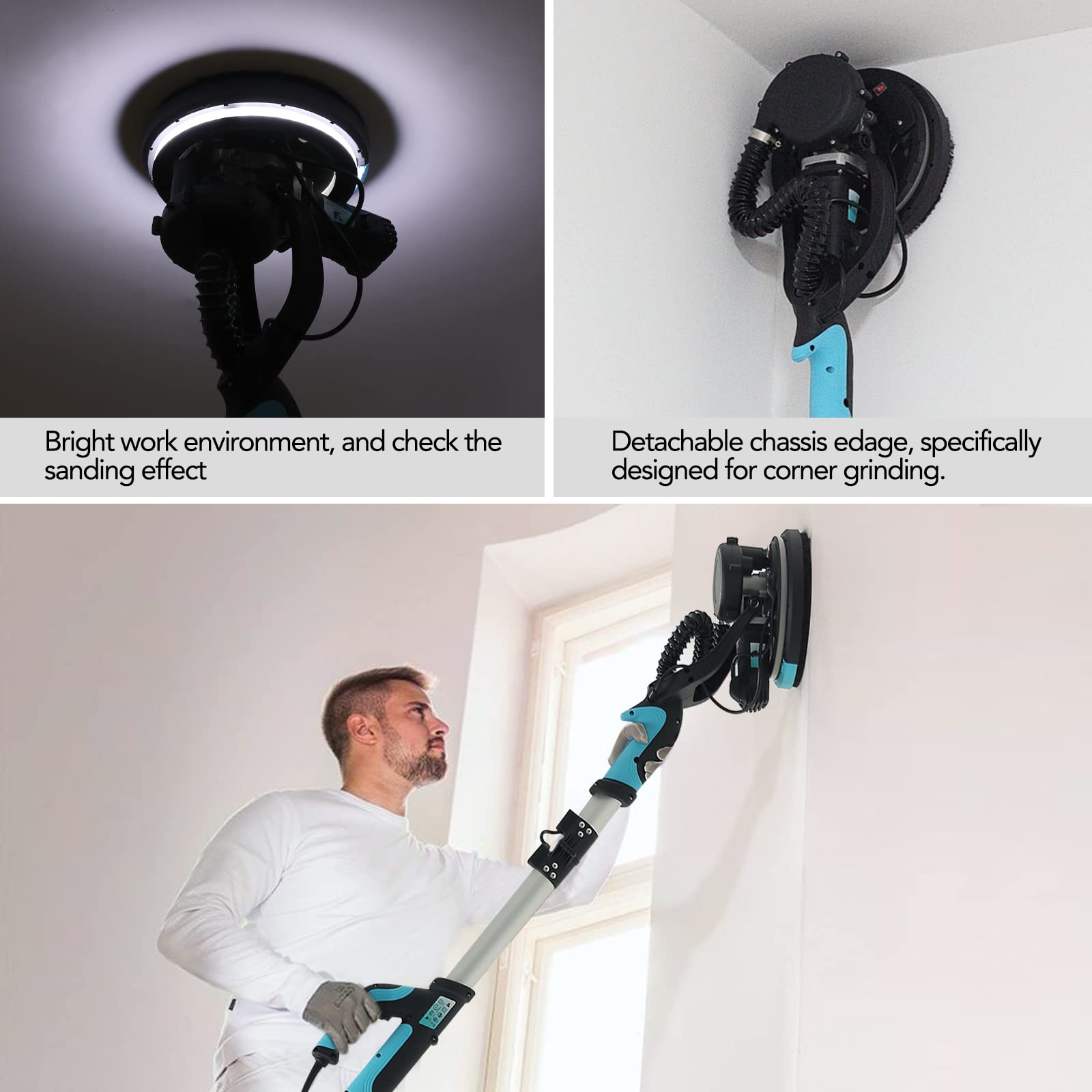 750W Electric Drywall Sander with Vacuum - 7 Variable Speed Pole Sander for Ceiling & Walls, Includes 14 Sanding Discs & 13FT Power Cable - Perfect for Popcorn Ceiling Removal, Drywall Repair, and Home Renovation Projects