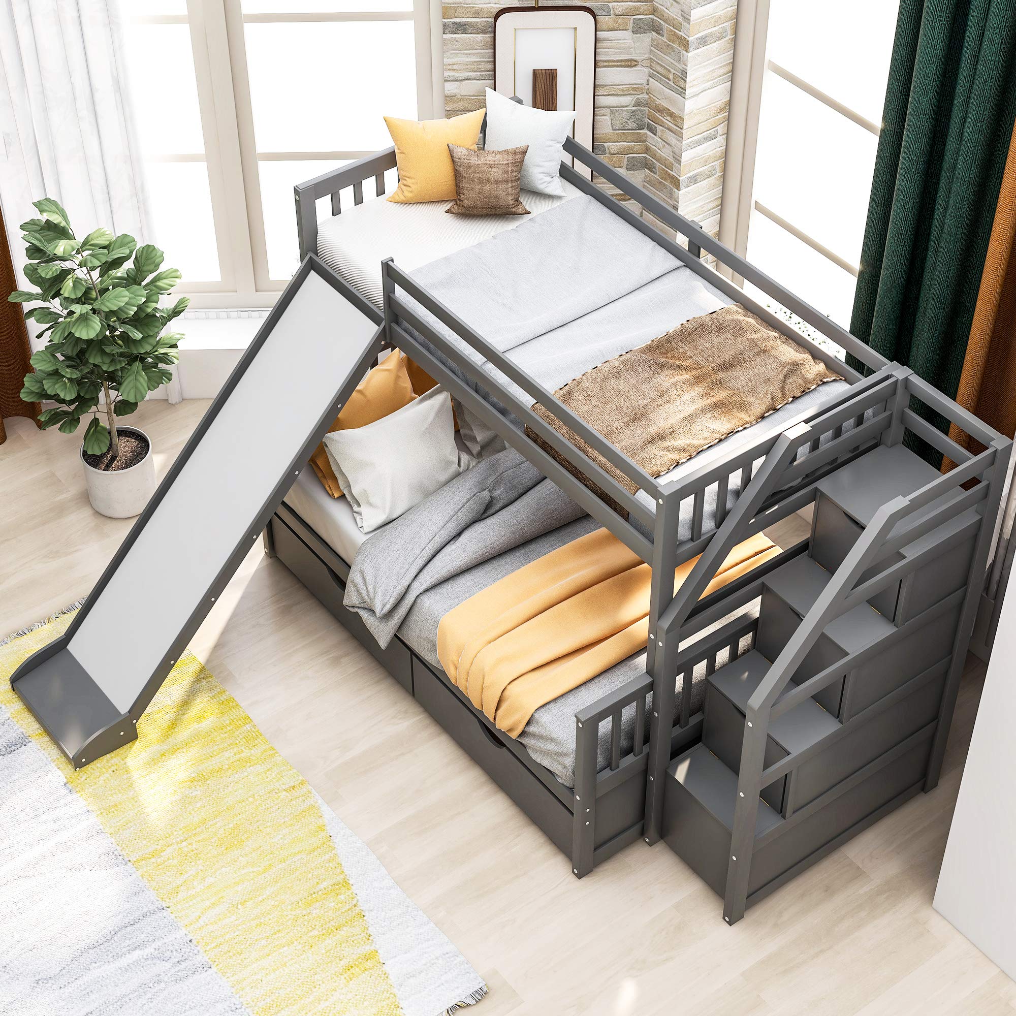 Multifunctional Twin Over Full Bunk Bed with Stairs, 2 Drawers & Slide - Convertible Wood Loft Bed with Storage for Kids & Adults - Space-Saving Gray Bedroom Furniture for Small Rooms, Guest Rooms & Kids' Bedrooms