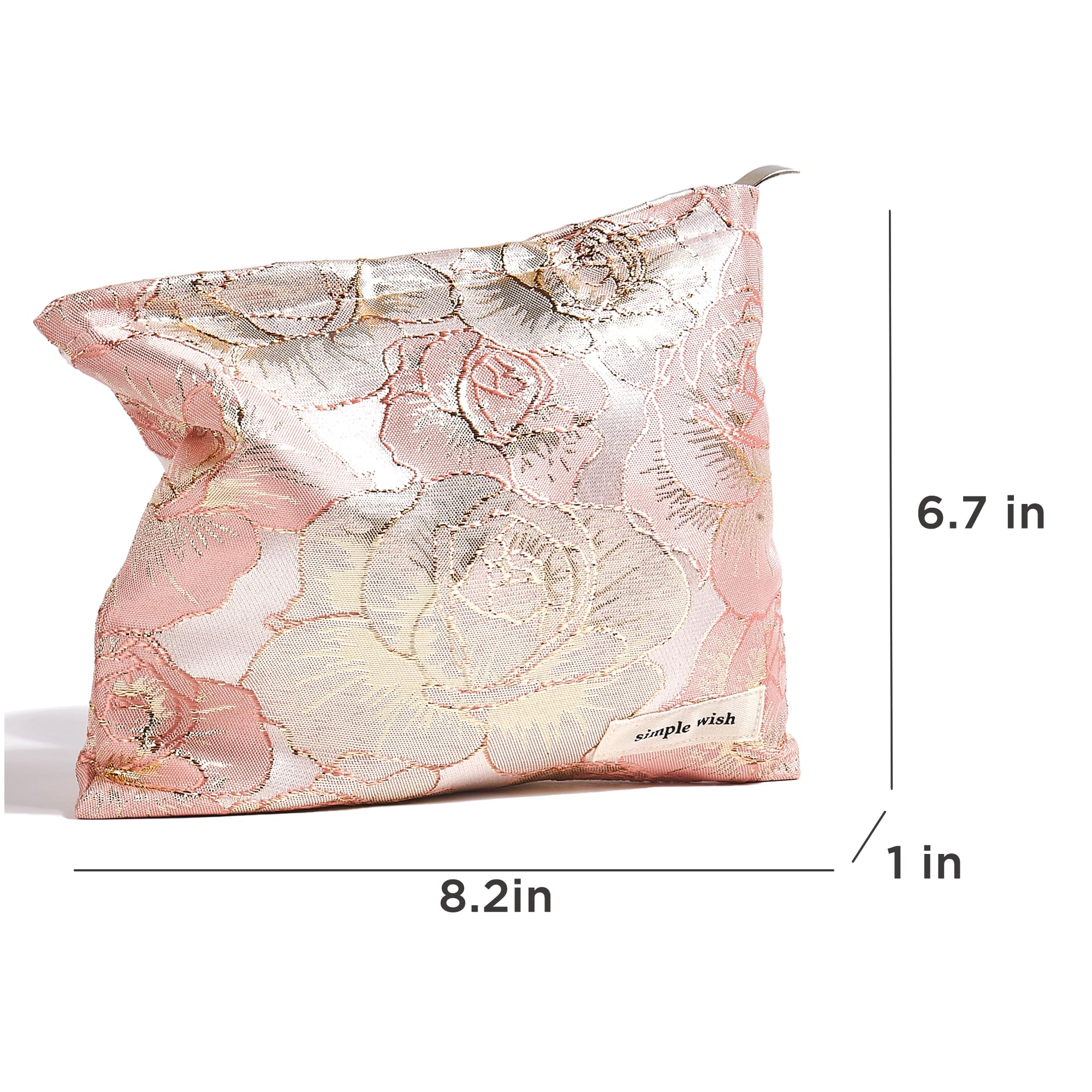 Small Preppy Embroidery Canvas Makeup Bag for Women - Cute Zipper Pouch Cosmetic Organizer, Travel Toiletry Bag (Gold Pink Flowers, Small) - Perfect for Daily Essentials & Weekend Getaways