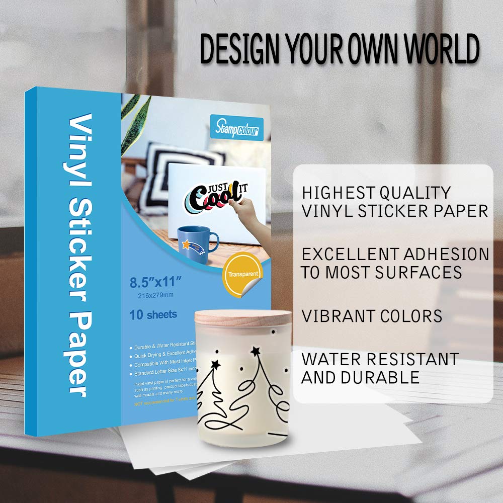 Stampcolour Printable Vinyl Sticker Paper - 30 Clear Self-Adhesive Sheets for Inkjet Printers (Epson, HP, Canon, Sawgrass) | Quick-Drying, Vivid Colors, Tear-Resistant Decal Paper | Perfect for DIY Crafts, Laptop Decals & Water Bottle Labels