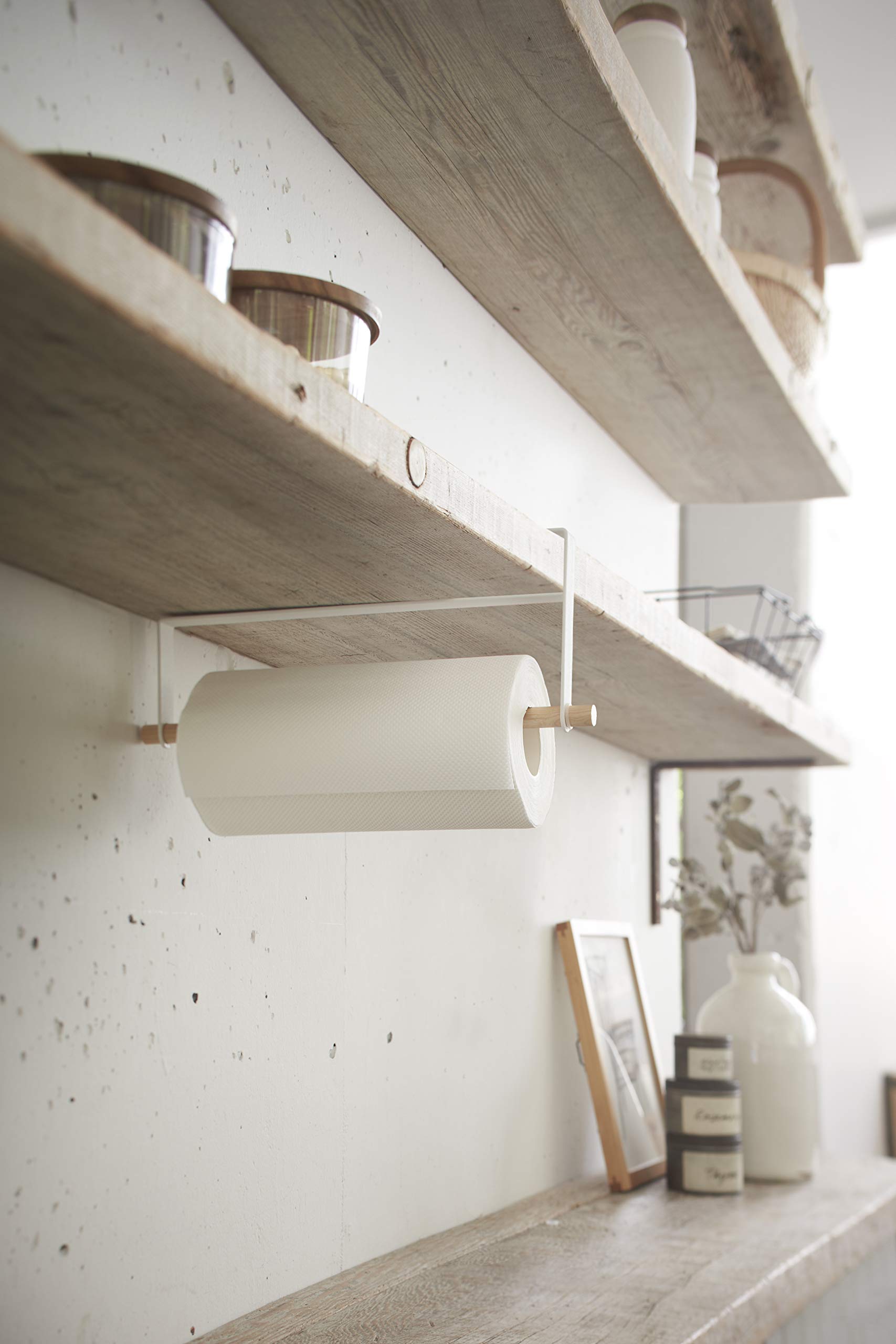 Yamazaki Home Tosca Under Shelf Paper Towel Holder - Stainless Steel & Wood Cabinet Rack for Kitchen Organization - Space Saving Storage for Small Kitchens, Bathrooms & RVs