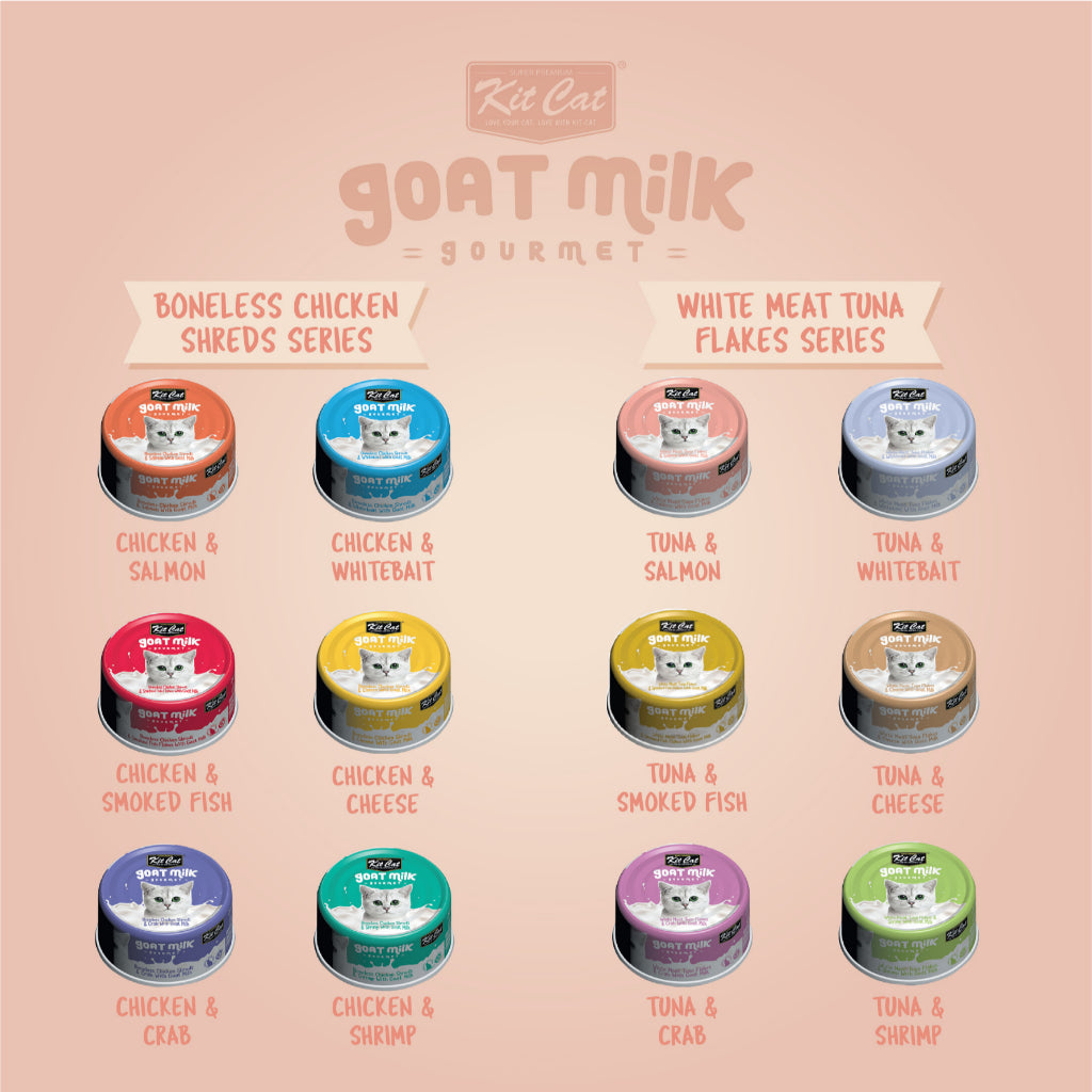 Premium Kit Cat Goat Milk Gourmet Wet Cat Food - 70g Can (12 Delicious Flavors) | High-Protein Meal for Adult & Senior Cats | Indoor & Outdoor Feline Nutrition
