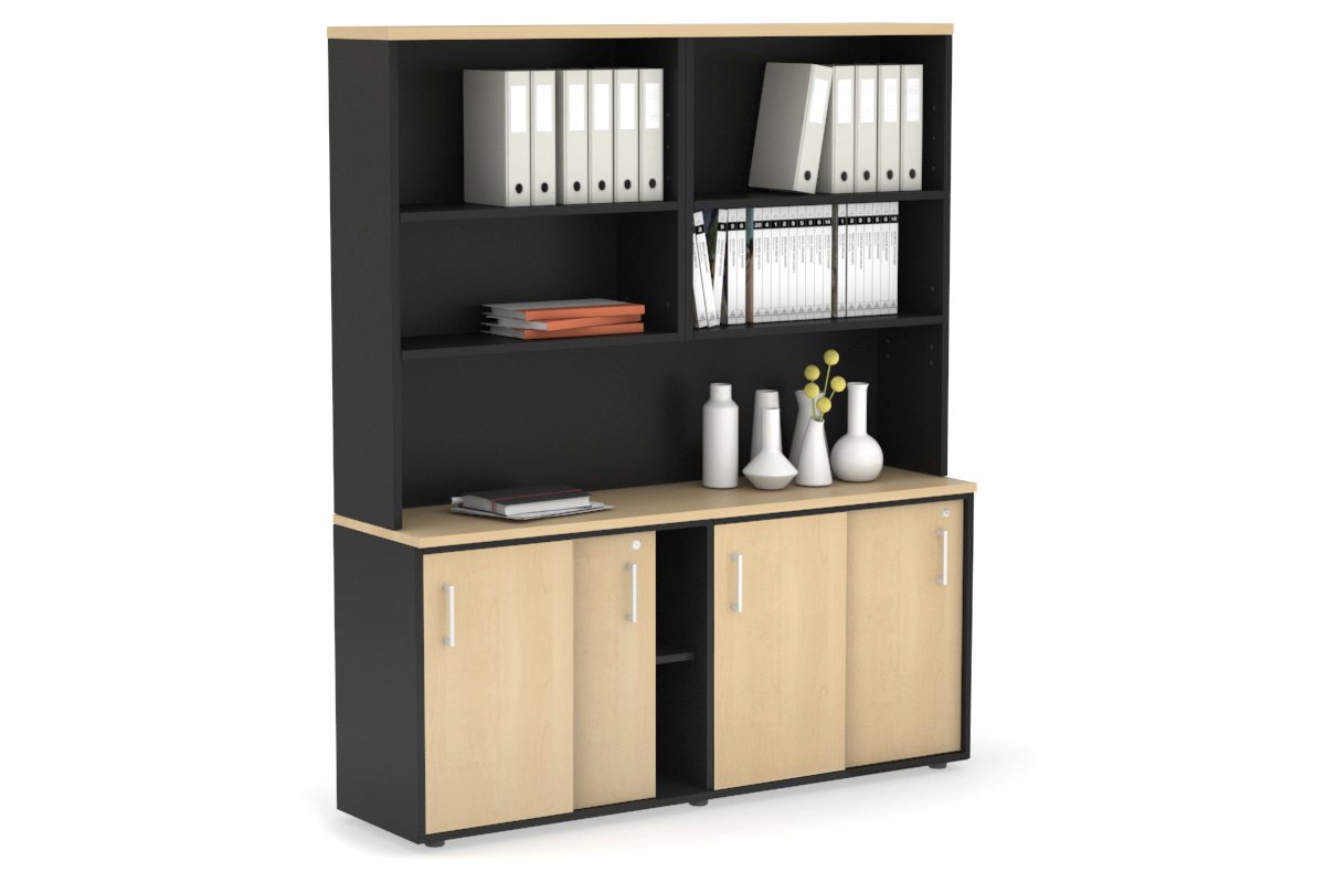 Modern White Sliding Door Credenza with Open Hutch - 1600W x 750H x 450D - Perfect for Home Office, Living Room & Bedroom Storage Organization