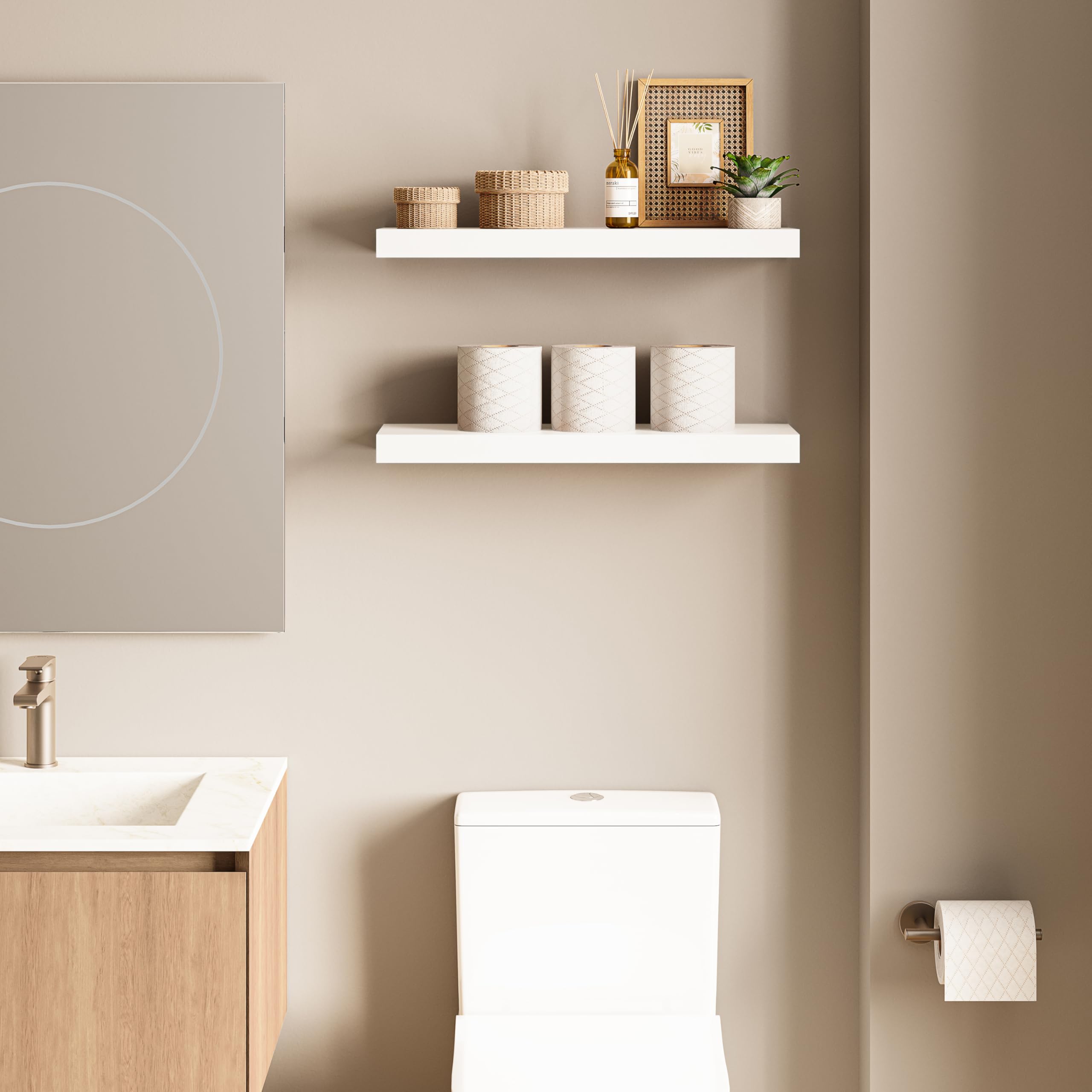 Ballucci Floating Shelves Set of 2 - 24 Inch White Wood Wall Shelves with Invisible Brackets - 6 Inch Depth - Perfect for Bathroom Storage, Living Room Decor, Bedroom Organization & Kitchen Display - Sturdy & Stylish Home Shelving Solution