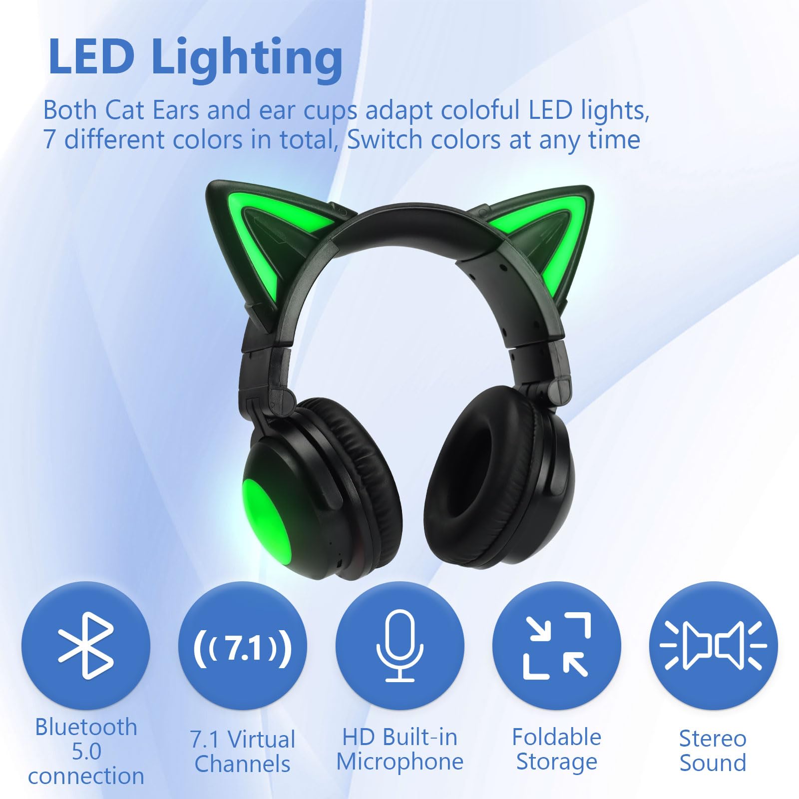 Wireless Cat Ear Headphones with Built-in Mic - Foldable LED Bluetooth Headset for Kids & Adults, Compatible with Phone/PC/Tablet/TV (Black) - Perfect for Gaming, Music, Online Classes & Travel