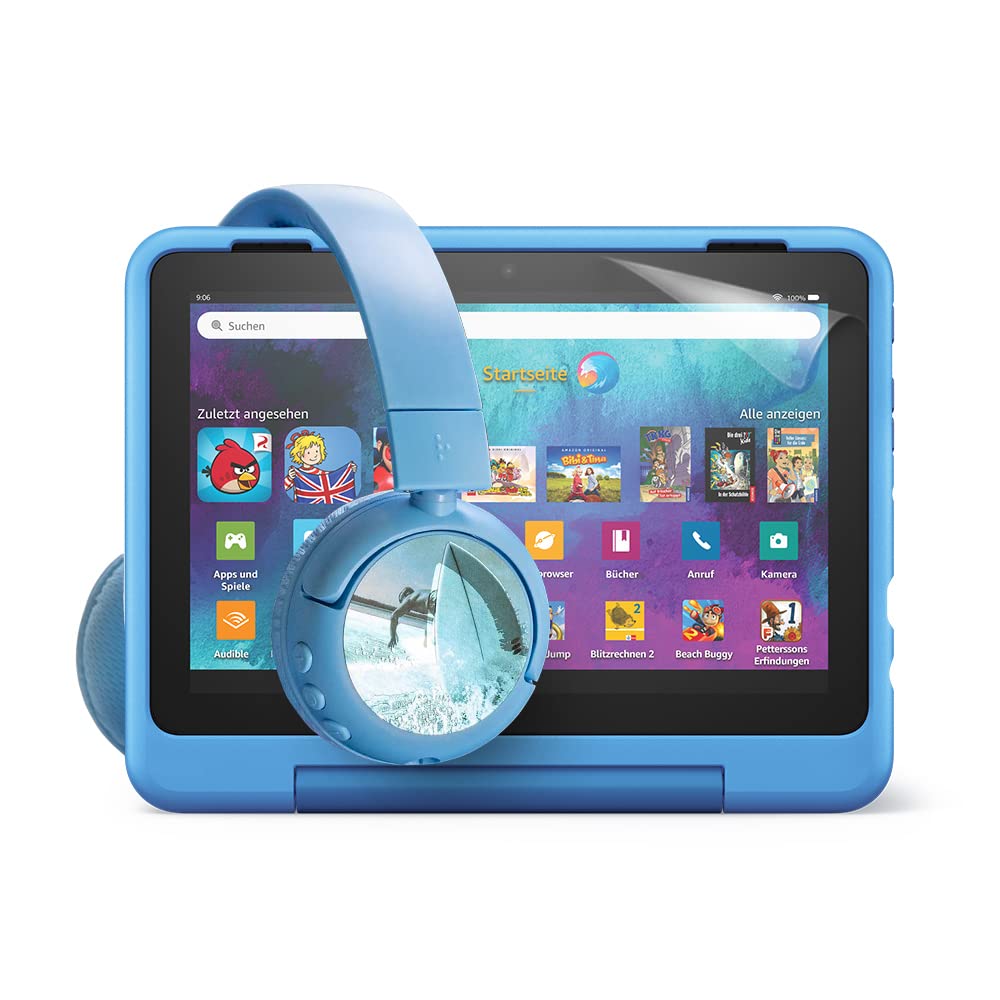 Fire HD 8 Kids Pro Tablet with Bluetooth BuddyPhones PopTime Pro Headphones & NuPro Screen Protectors (2-Pack) - Cyber World Design Bundle for Learning, Entertainment & Travel