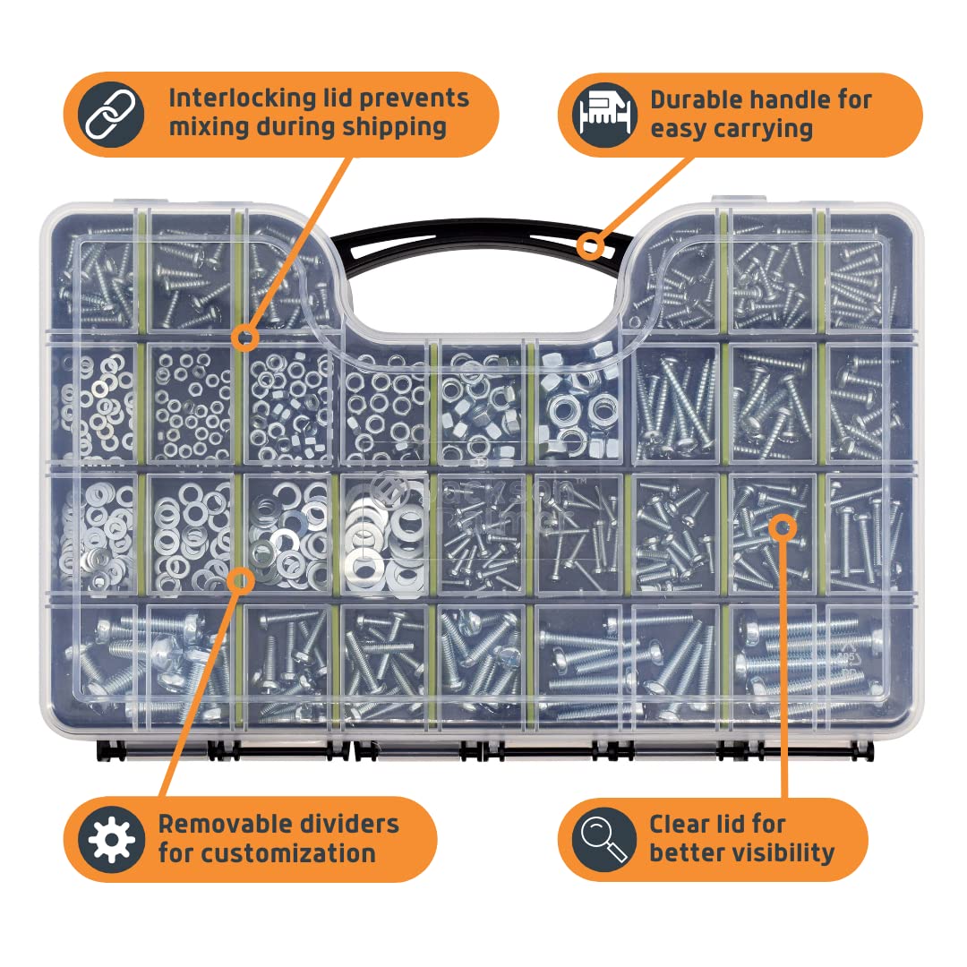 Jackson Palmer 1000-Piece Hardware Assortment Kit with Screws, Nuts, Bolts & Washers - Double-Sided Storage Case for Home Repairs, DIY Projects & Workshop Organization
