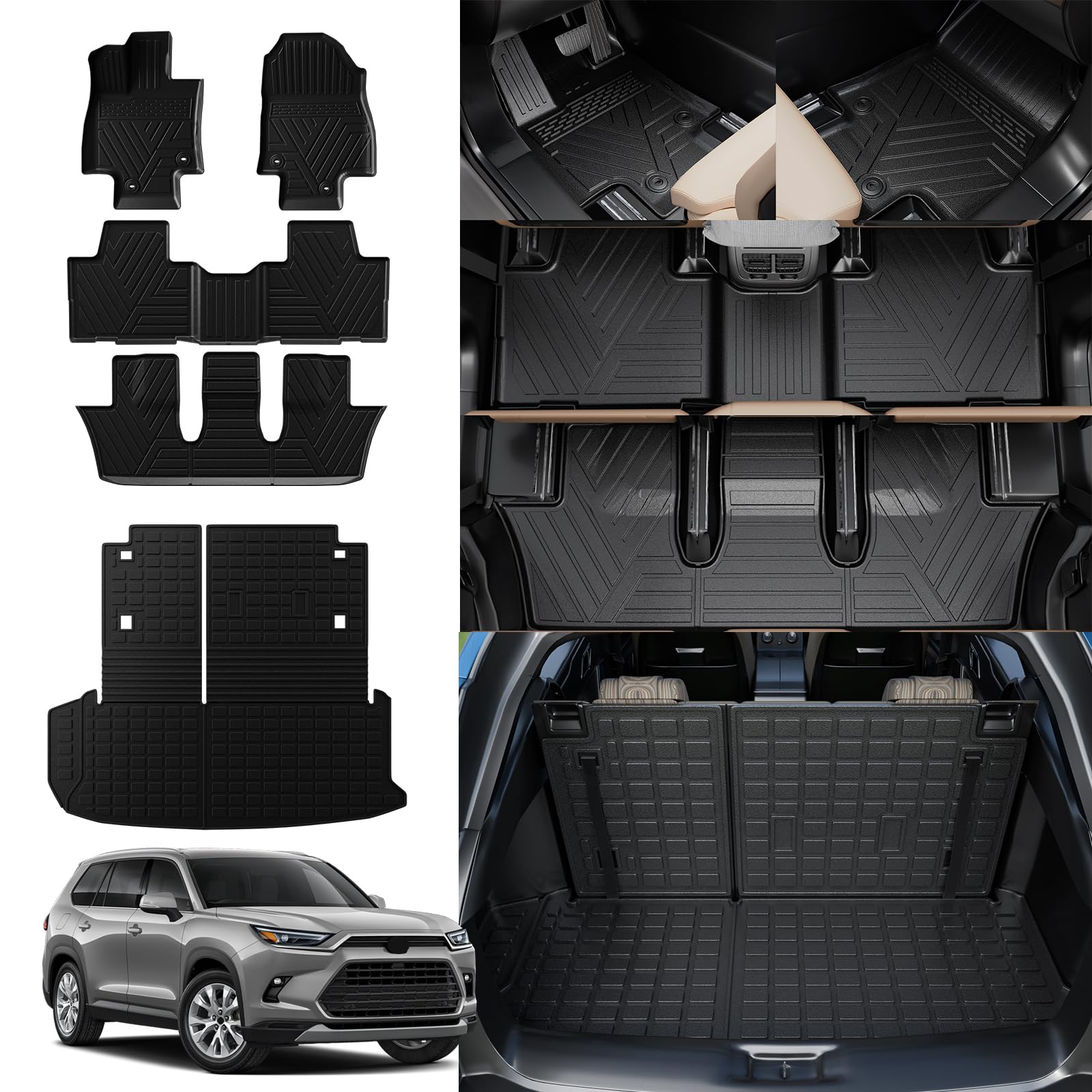 **Rongtaod Custom Fit Floor Mats for 2024-2025 Toyota Grand Highlander 7 & 8 Seats - All-Weather Trunk Liner, Cargo Mat, Back Seat Cover Protector - Durable Interior Accessories (Full Set: Trunk Mat with Backrest + Floor Mats) - Perfect for Road Trips, Family Travel & Daily Commute**