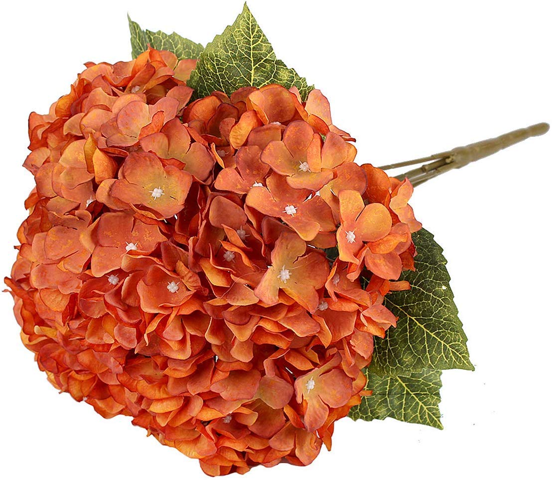 Silk Hydrangea Artificial Flowers - 5 Orange Flower Heads for Wedding Bouquets, Home Decor, Kitchen, Garden, Party & DIY Arrangements | Blooming Paradise Fake Plants for Festivals, Bars & Table Centerpieces