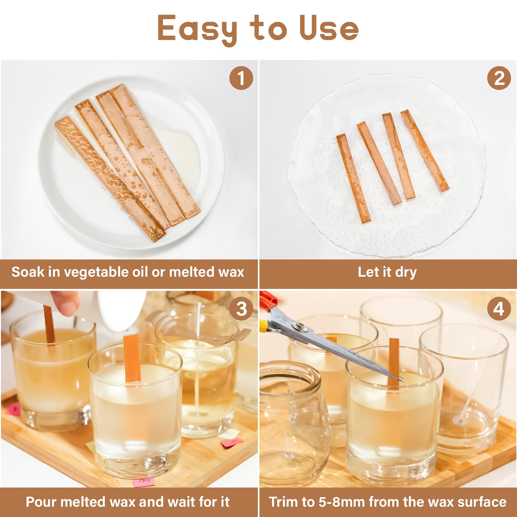 100 Natural Wood Wicks for Candle Making - Smokeless Crackling Wooden Candle Wicks for Soy Wax, Paraffin Wax & Beeswax - Perfect for DIY Candles, Home Decor & Relaxation (50 Sets)