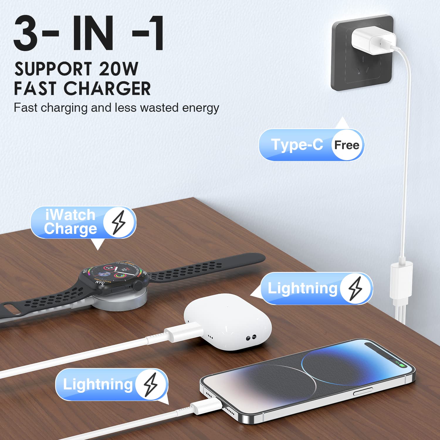 Magnetic Smart Watch Charger Cable - 6FT Fast Charging USB-C Charger for Apple Watch Series SE/8/7/6/5/4/3/2/1/Ultra & iPhone 14/13/12 - 3-in-1 iWatch Charger with Phone Stand (White) | Perfect for Travel, Office & Nightstand Charging