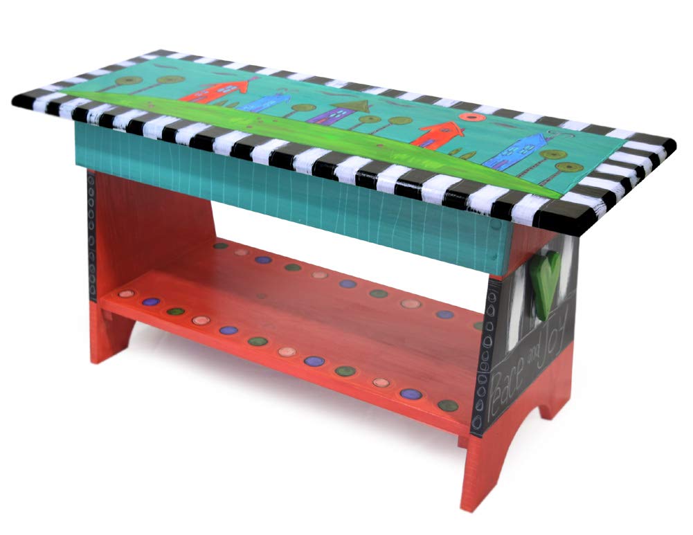 Happy Home 35 Inch Hand-Painted Teal Wood Bench - American Made, Rustic Entryway Seating, Farmhouse Style Hallway Decor