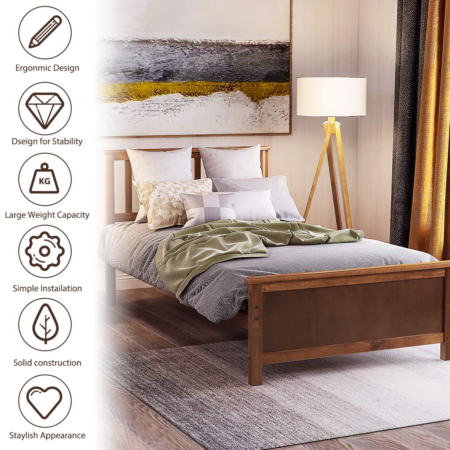 Twin Size Wood Platform Bed Frame with Headboard and Footboard - Sturdy Wood Slat Support, No Box Spring Needed - Solid Walnut Finish - Perfect for Small Bedrooms, Guest Rooms & Dormitories