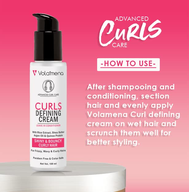 Volamena Curl Defining Leave-In Hair Conditioning Cream with Rice Extract, Argan Oil, Quinoa Protein & Shea Butter - Defines & Styles Curls - 100ml - Perfect for Natural, Wavy & Coily Hair Care Routine