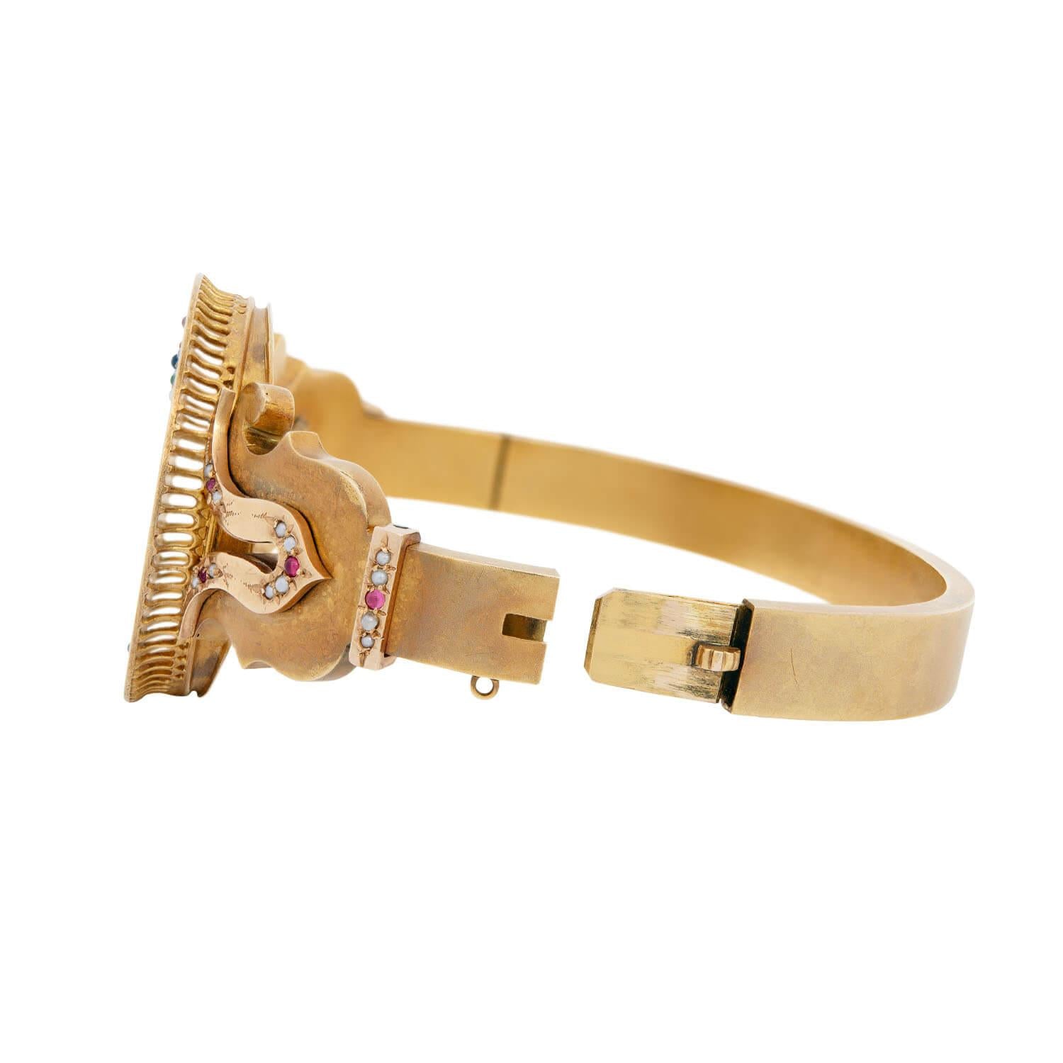 Victorian 18k Gold Bangle with Ruby, Sapphire, Emerald & Pearl Enameled Cherub Design - Elegant Antique Jewelry for Weddings, Parties & Special Occasions